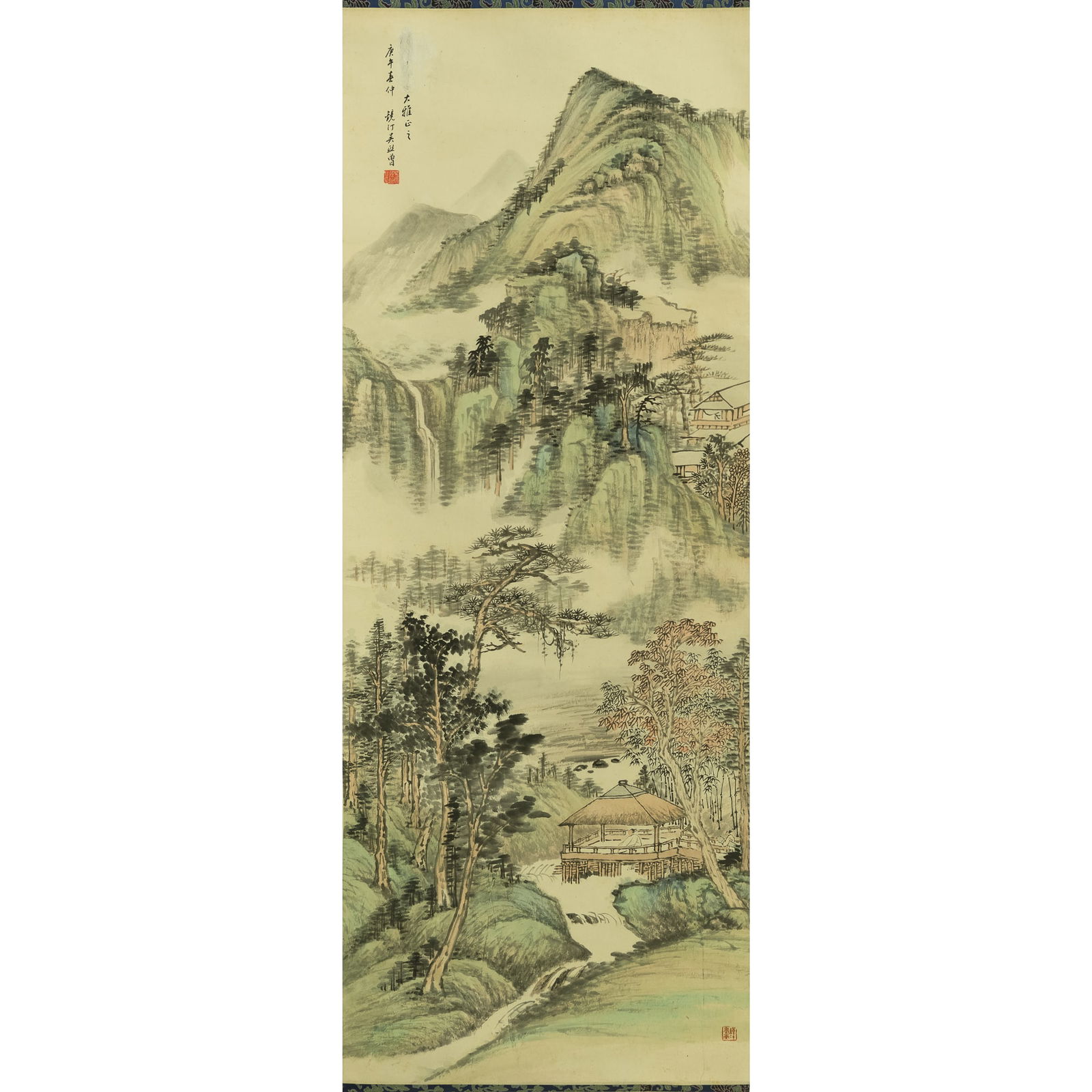 A Chinese landscape painting, by Wu Jingting (1904-1972): A Chinese landscape painting by Wu Jingting (1904-1972) With inscription, signature and two seals. Sight dimensions: H: 40 1/2, W: 14 3/4 in. (H: 102.9, W: 37.5 cm.) From Ms. Tang, Dallas, Texas; inhe