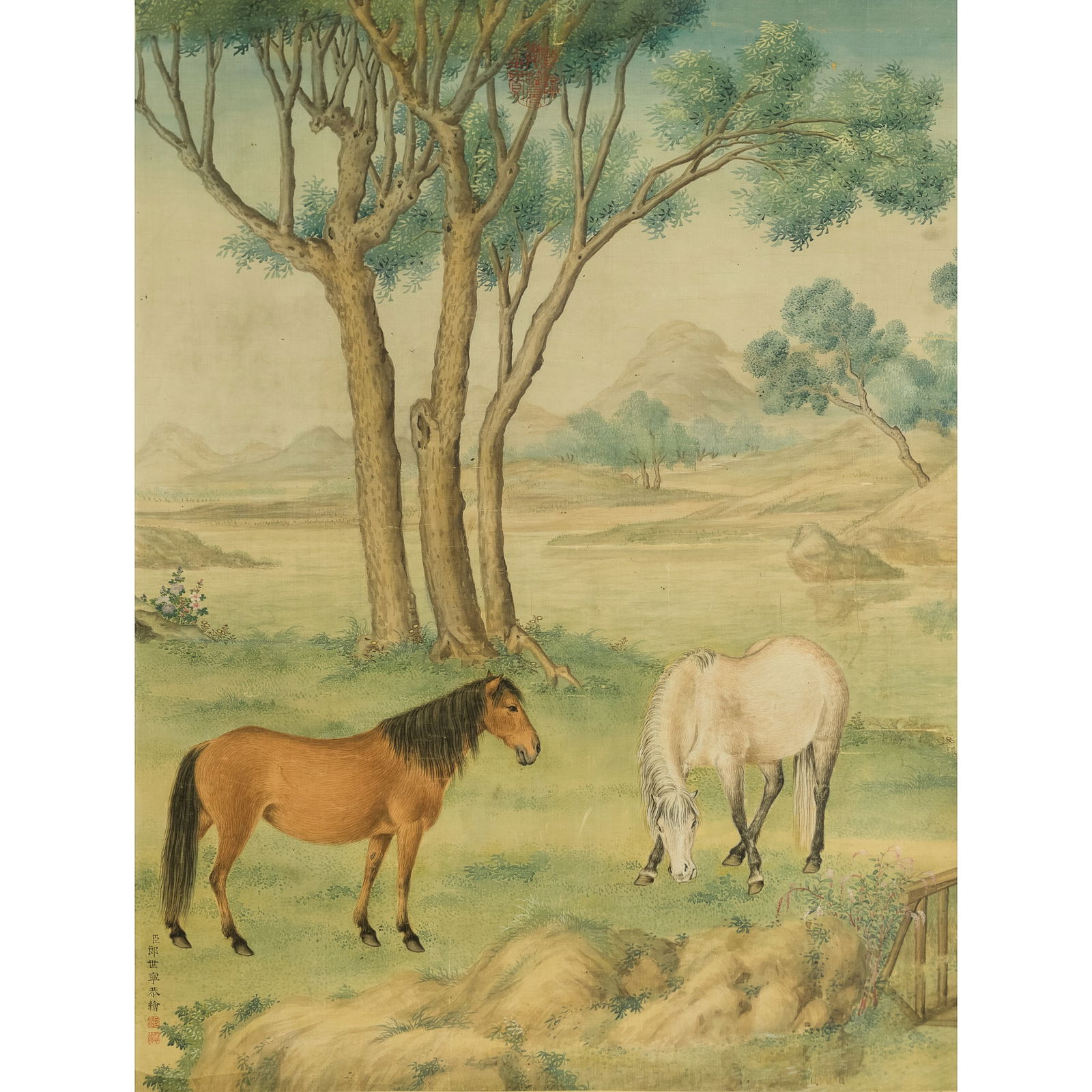 A Chinese painting of two horses on silk, attributed to Giuseppe Castiglione (Italian, 1688-1766) (1 of 6)