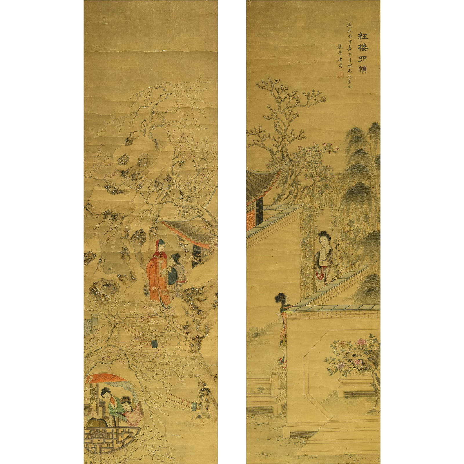 A pair of Chinese paintings of court ladies, attributed to Tang Yin (1470-1524) (1 of 9)