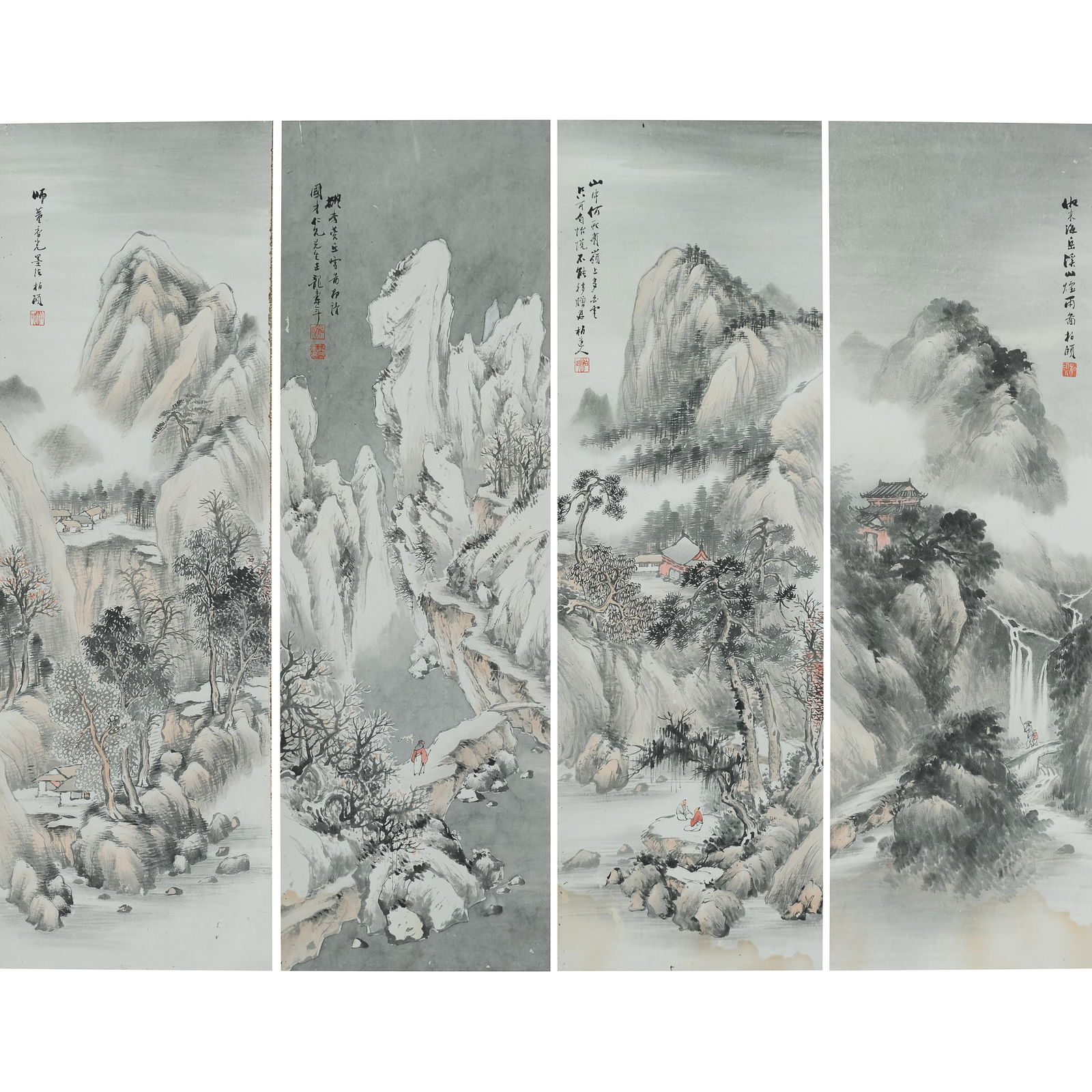 A set of four Chinese landscape paintings, by Long Shounian: A set of four Chinese landscape paintings by Long Shounian All of the paintings feature landscapes and are mounted on silk backings. (4). Sight dimensions: H: 39 1/2, W: 13 in. (H: 100.3, W: 33 cm. (e