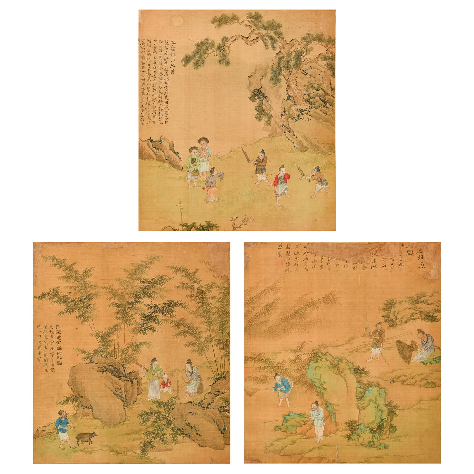 Three Chinese 'landscape' and 'figural' leaf albums, 19th century: Three Chinese 'landscape' and 'figural' leaf albums 19th century Each with inscription and seal; also with seal to verso; on silk. (3). Sight dimensions: H: 12 3/8, W: 10 3/4 in. (H: 31.4, W: 27.3 cm.
