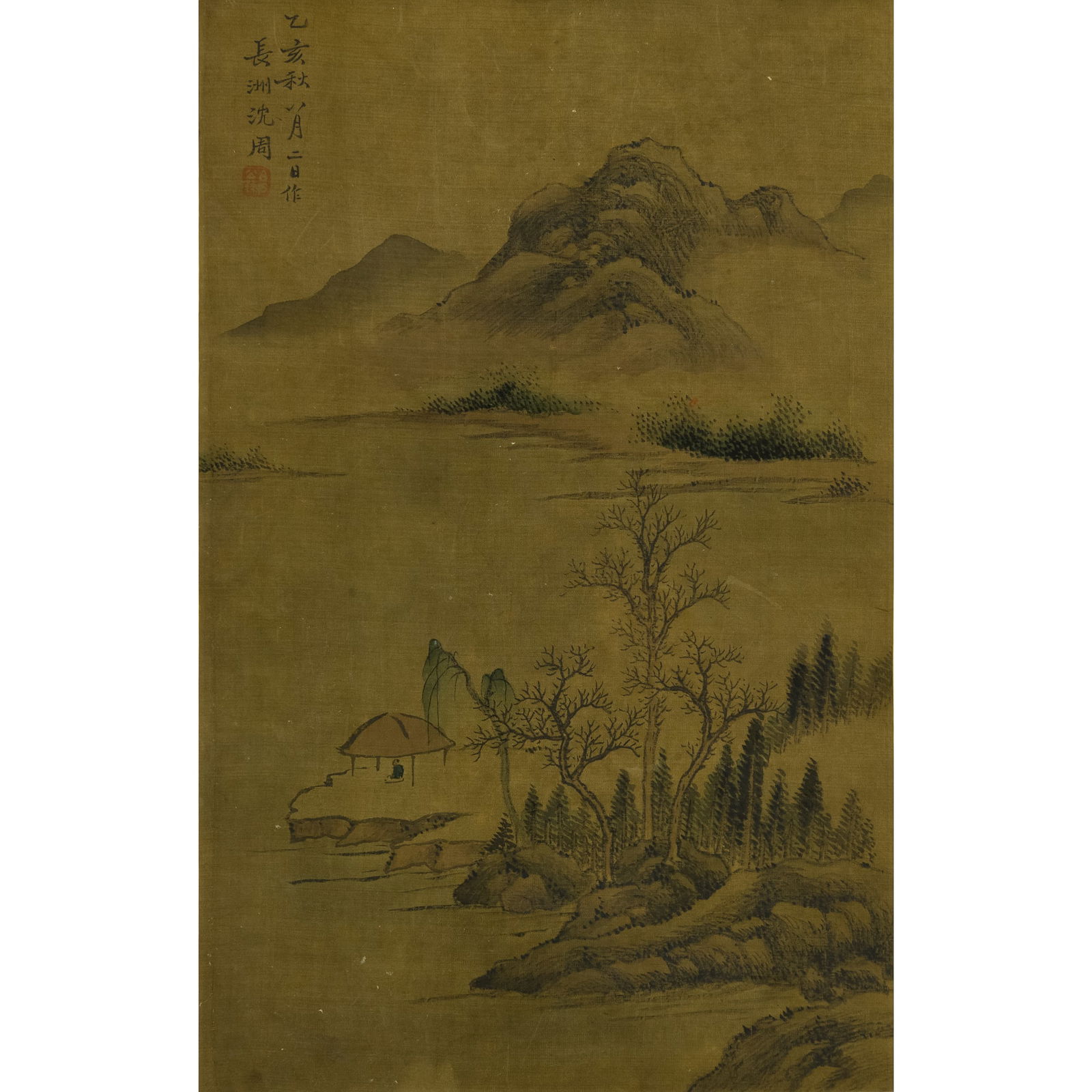 A Chinese landscape painting on silk, attributed to Shen Zhou (1427-1509): A Chinese landscape painting on silk attributed to Shen Zhou (1427-1509) With inscription, signature and one seal. Sight dimensions: H: 21 3/4, W: 13 3/4 in. (H: 55.2, W: 34.9 cm.) From an estate in D