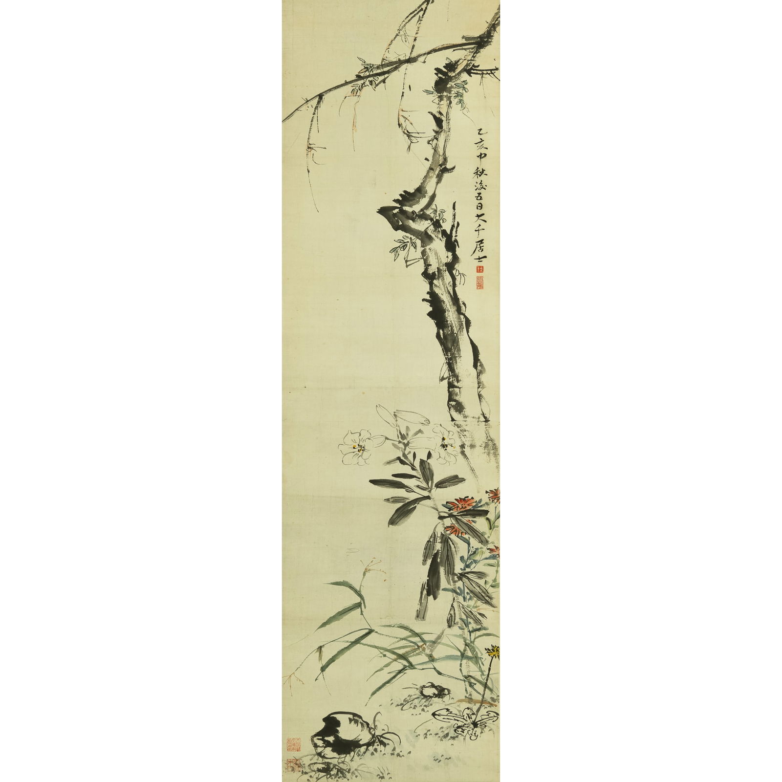 A Chinese painting of Autumn scene, by Zhang Daqian (1899-1983): A Chinese painting of Autumn scene by Zhang Daqian (1899-1983) A gnarled tree trunk rises vertically through the composition, its branches extending outward with sparse leaves rendered in expressive i