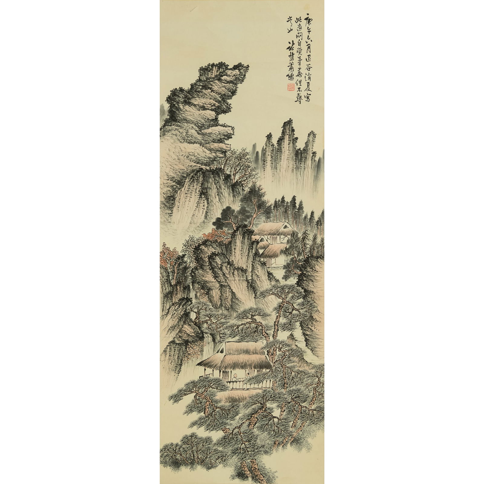 A Chinese landscape painting, after Wang Shigu (1632-1717), by Xiao Xun (1883-1944): A Chinese landscape painting after Wang Shigu (1632-1717), by Xiao Xun (1883-1944) With inscription, signature and one seal. Sight dimensions: H: 54 1/4, W: 18 5/8 in. (H: 137.8, W: 47.3 cm.) From Mrs