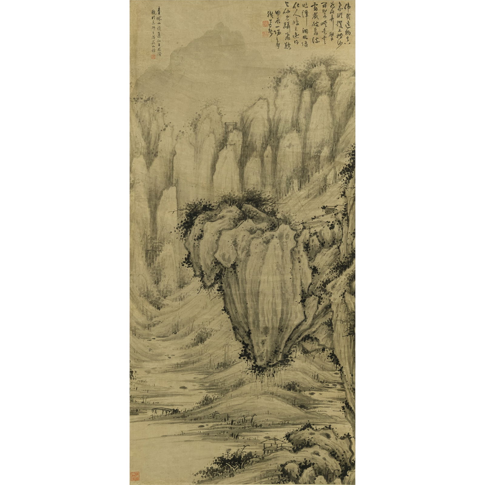 A Chinese landscape painting on silk, attributed to Kun Can (1612-1692), with a colophon by Wang (1 of 11)