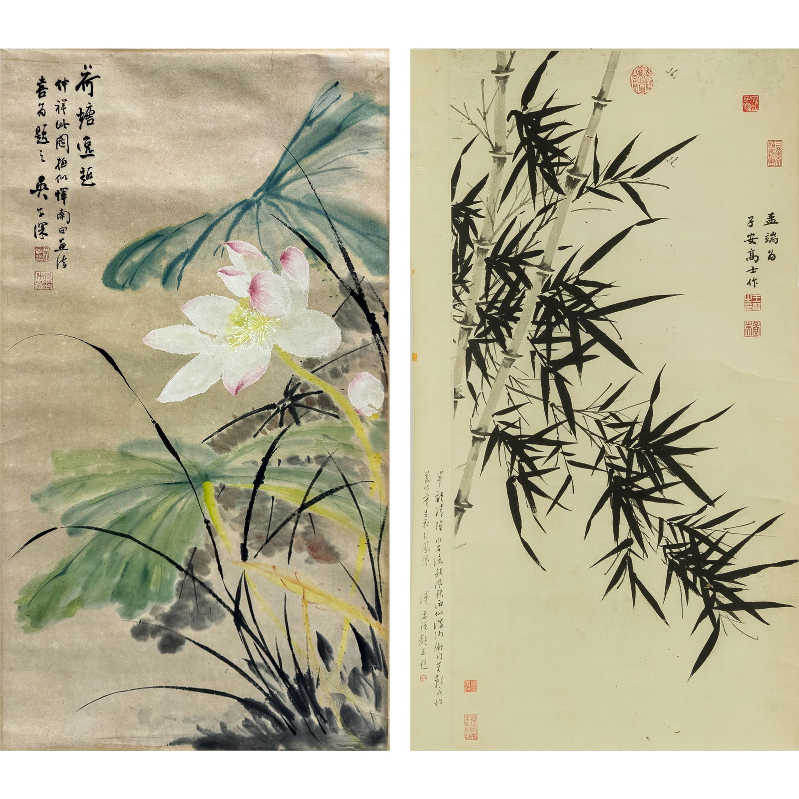 A Chinese painting of bamboo and a painting of lotus, colophon by Pu Ru (1896-1963) and Wu Zishen (1 of 16)
