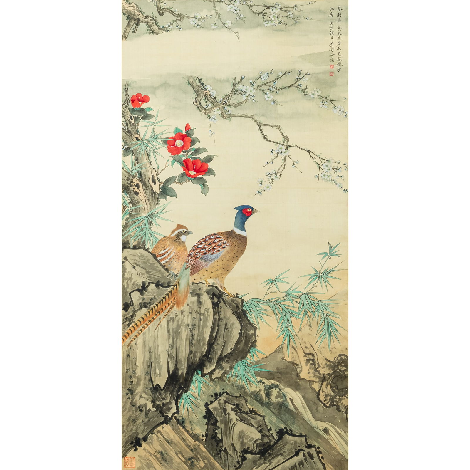 A Chinese 'flower and bird' painting scroll, by Wu Shougu (b. 1912) (1 of 10)