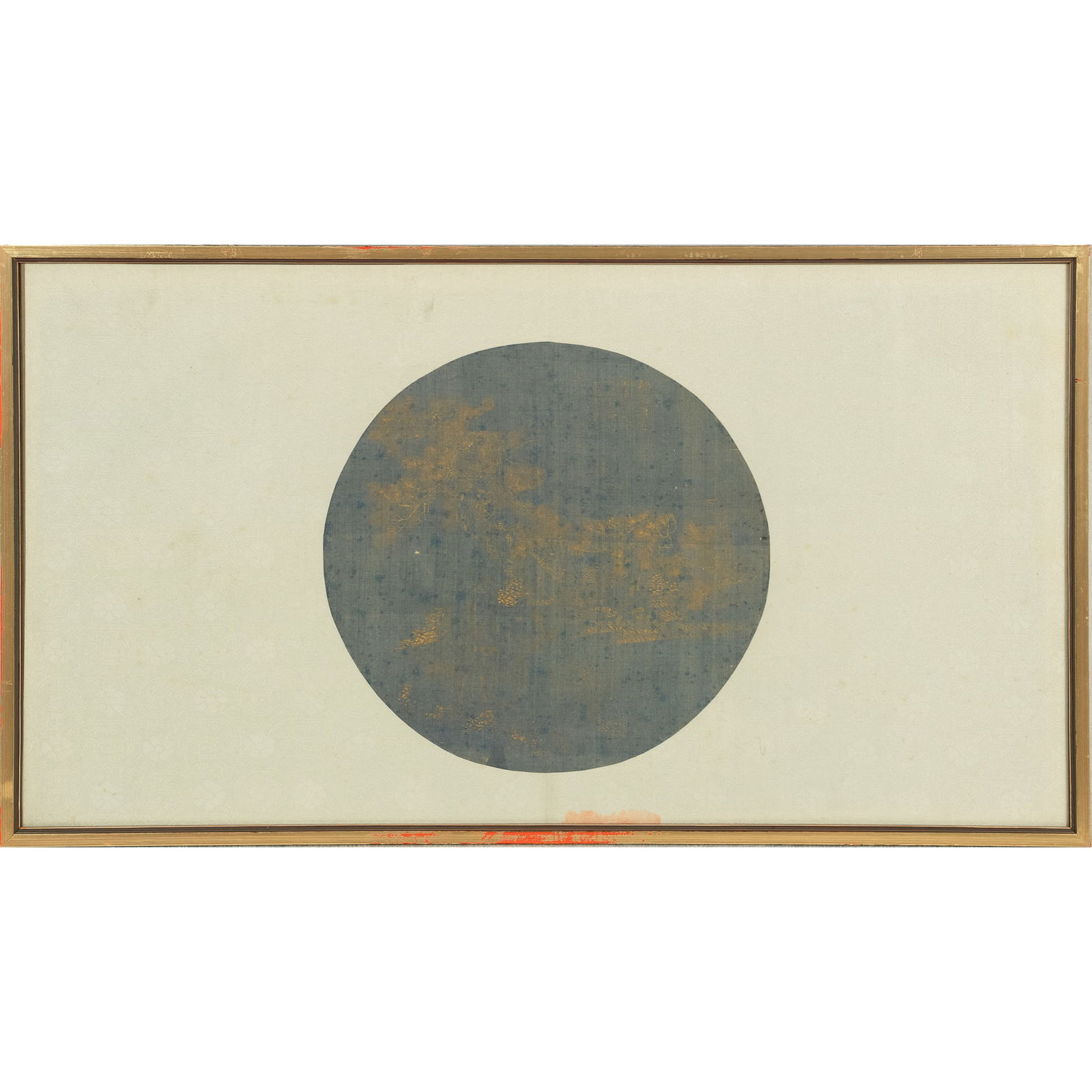 A Chinese gilt fan painting: A Chinese gilt fan paintingOn silk; framed.Sight dimensions: Dia: 9 7/8 in. (Dia: 25.08 cm.)Overall dimensions: H: 13 3/4, W: 24 1/4 in. (H: 34.9, W: 61.6 cm.)Private collection, Portland,
