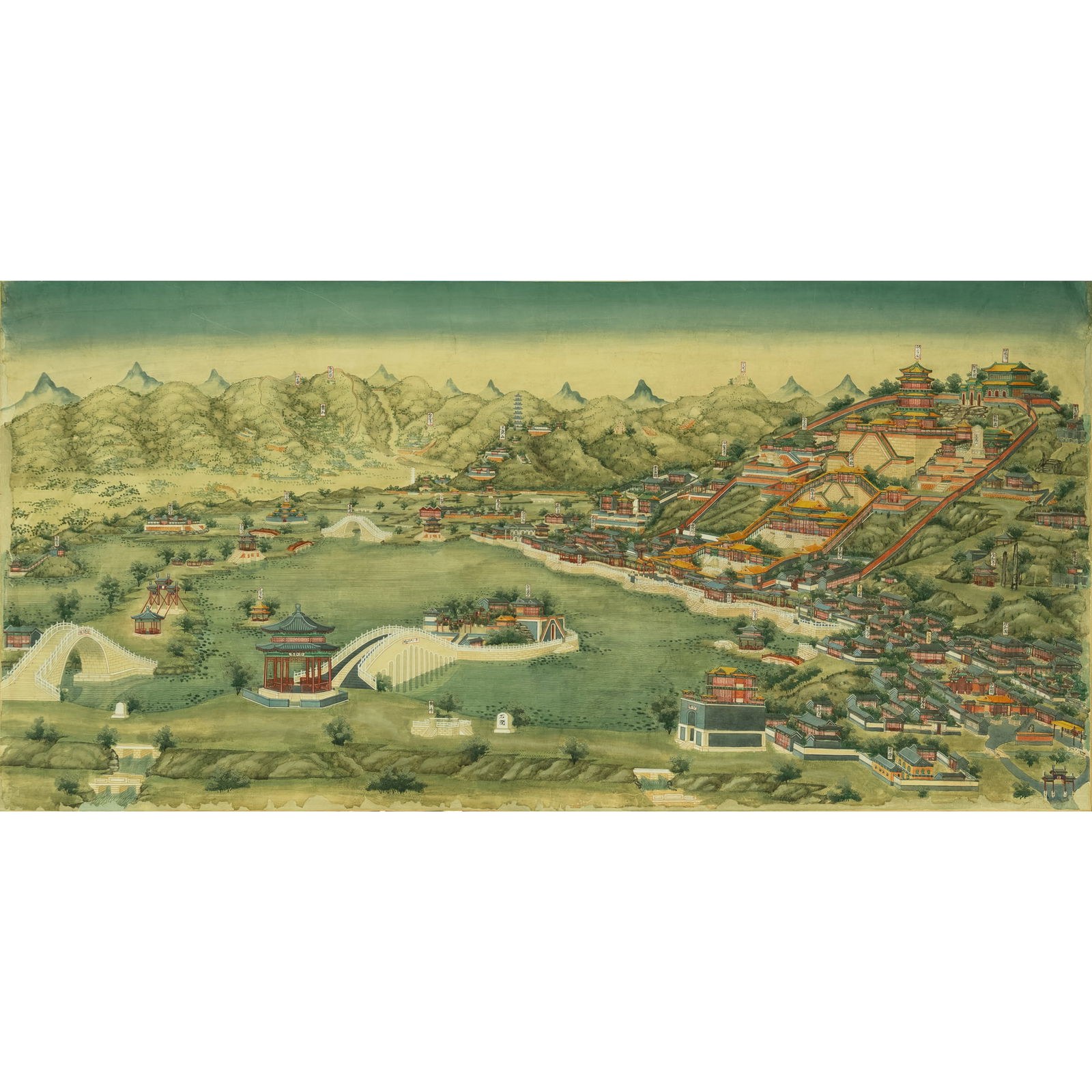 A Chinese painting of panoramic view of the Summer Palace, Qing dynasty: A Chinese painting of panoramic view of the Summer PalaceQing dynastySight dimensions: H: 26, W: 52 1/4 in. (H: 66, W: 132.7 cm.)From Mrs. Schmidt of Council Bluffs, Iowa; inherited from her
