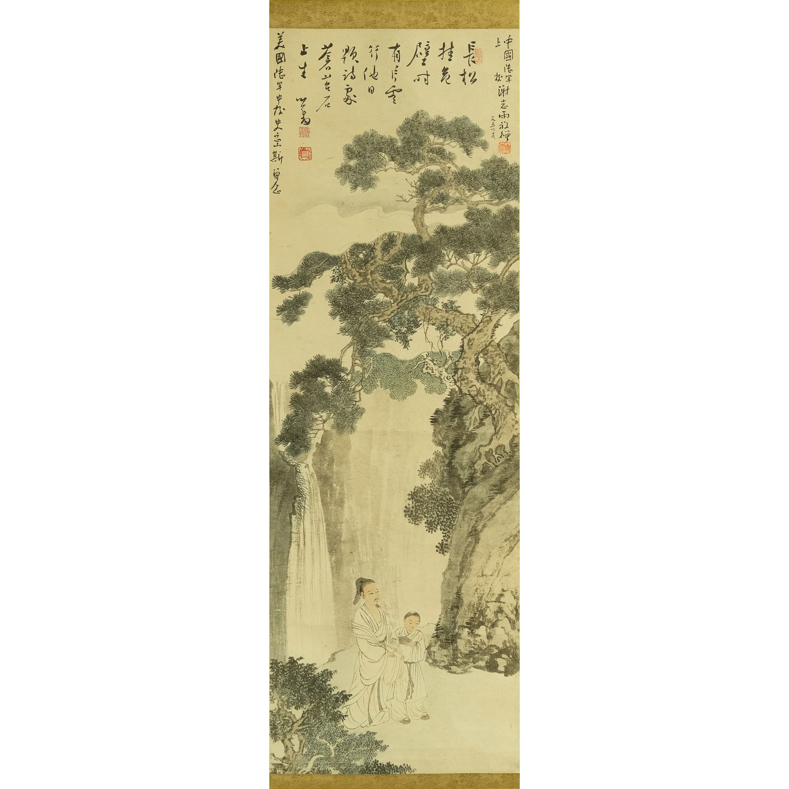 A Chinese painting of scholar beneath pine tree, by Pu Ru (1896-1963), dedicated to Colonel Schmidt: A Chinese painting of scholar beneath pine treeby Pu Ru (1896-1963), dedicated to Lieutenant Colonel SchmidtThe painting depicts a scholar accompanied by a young attendant standing beneath an ancient