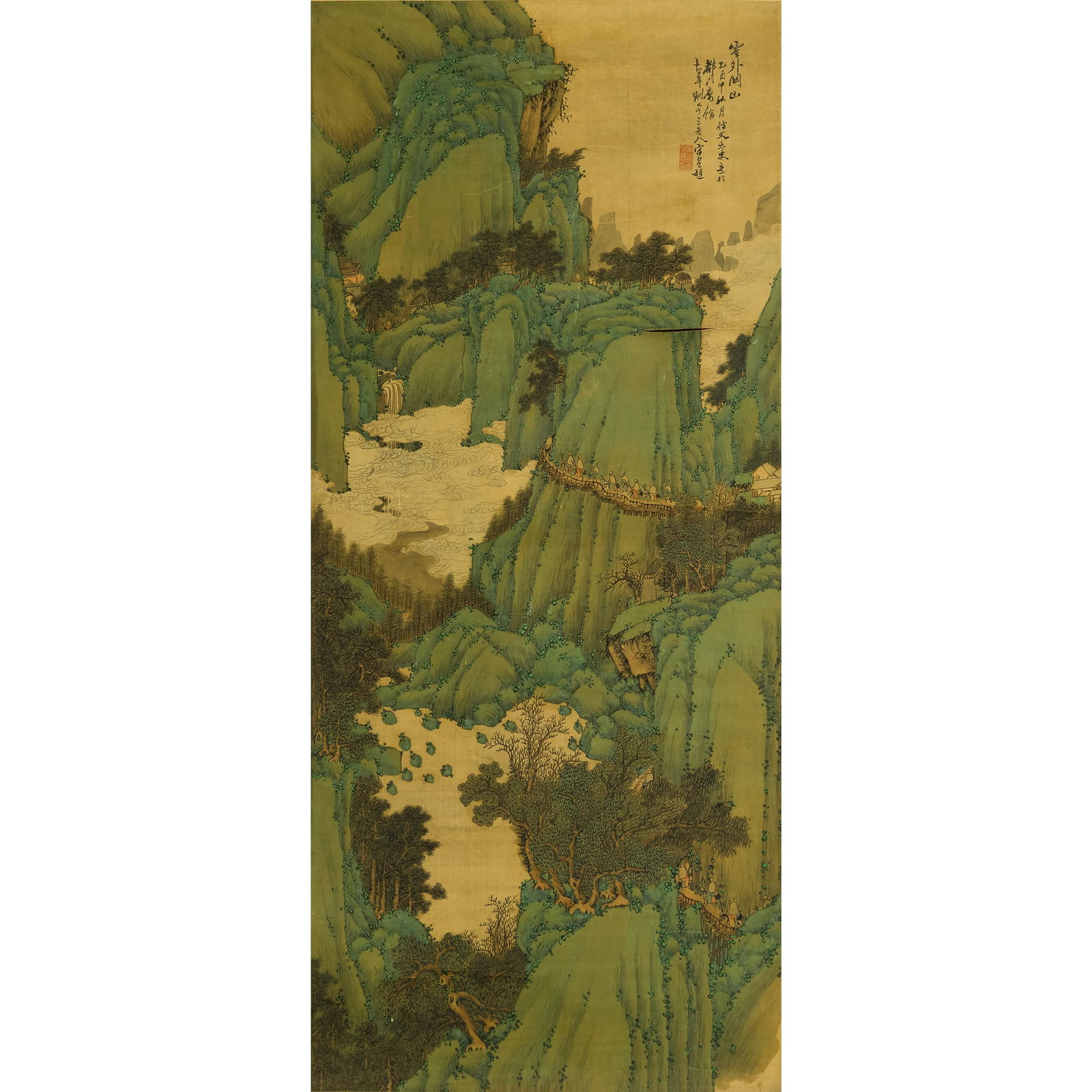 A Chinese landscape painting, by Song Xingqiao (Qing dynasty): A Chinese landscape paintingby Song Xingqiao (Qing dynasty)With inscription, signature and one seal.Sight dimensions: H: 38 1/2, W: 16 3/4 in. (H: 97.8, W: 42.5 cm.)From Mrs. Schmidt of Council