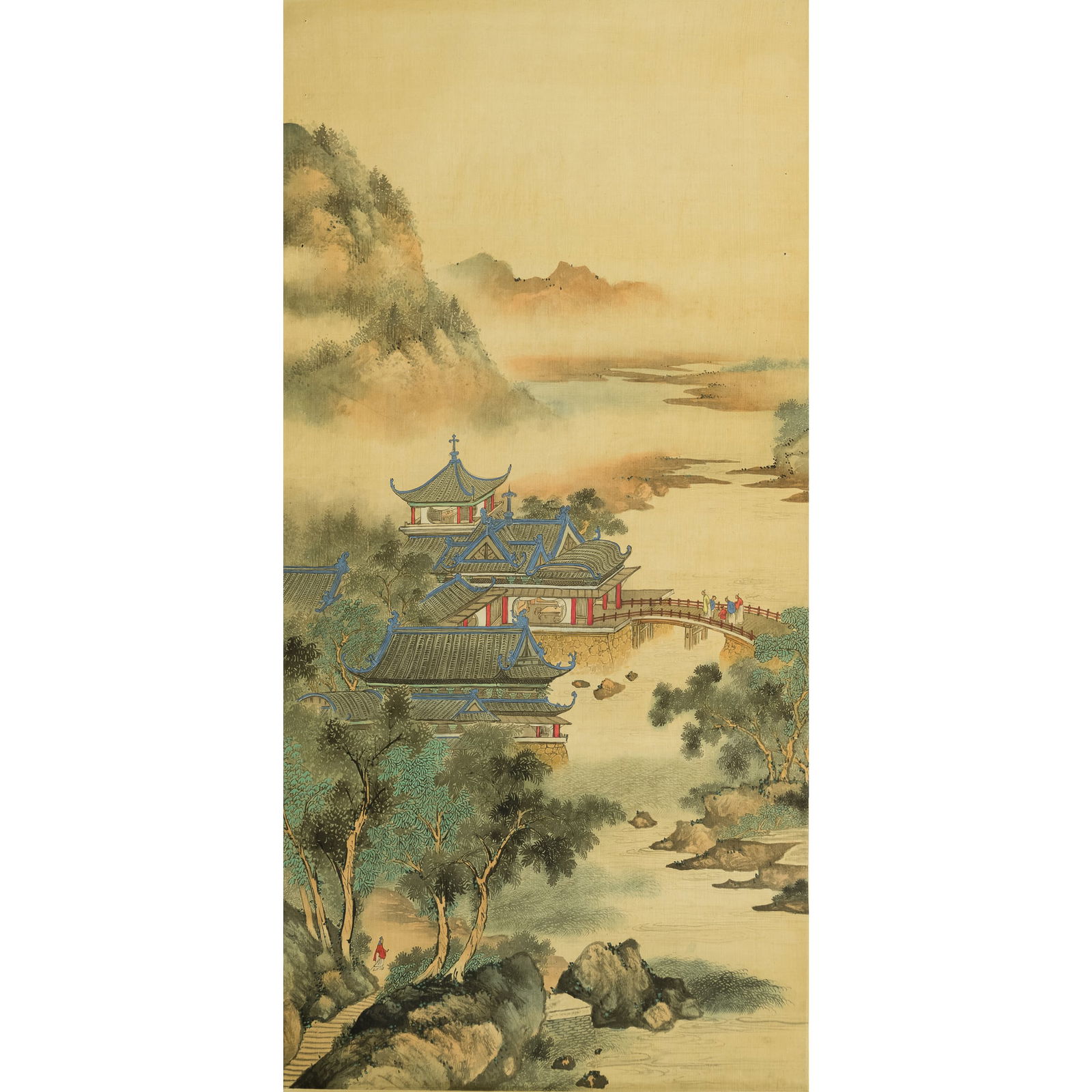 A Chinese landscape painting: A Chinese landscape paintingSight dimensions: H: 37 3/4, W: 18 3/4 in. (H: 95.9, W: 47.6 cm.)From Mrs. Schmidt of Council Bluffs, Iowa; inherited from her father-in-law, Colonel Schmidt, a military