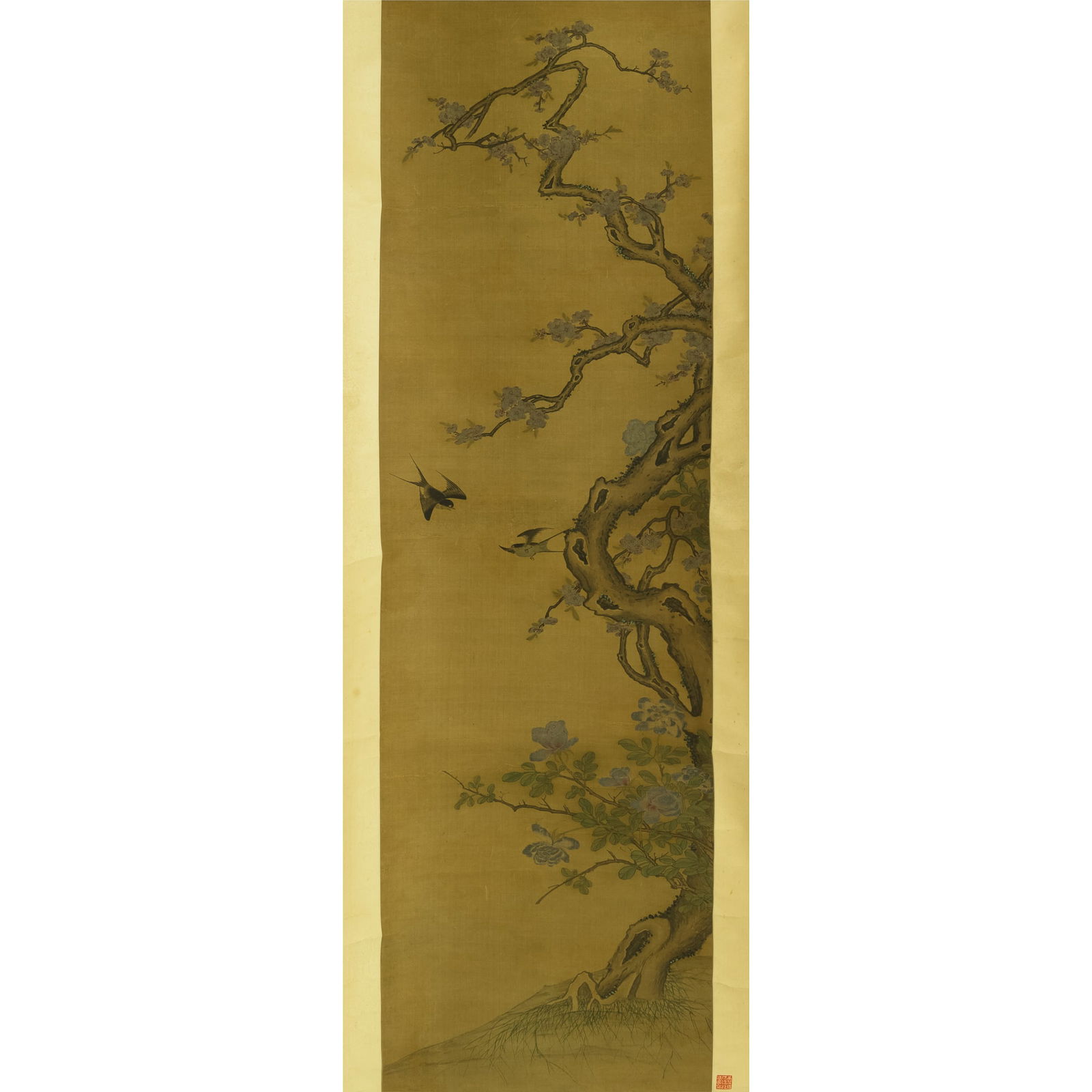 A Chinese painting of flower and bird on silk, Qing dynasty (1 of 6)