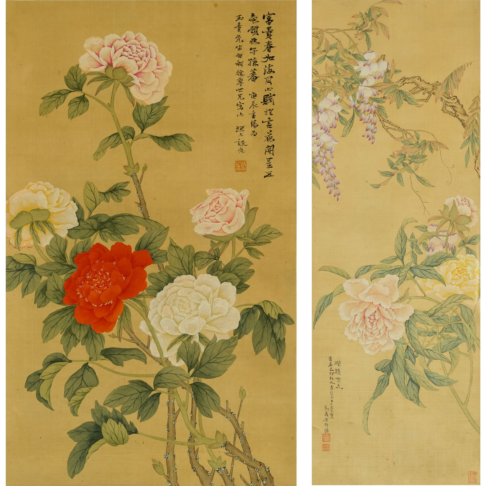 Two Chinese paintings of flowers: Two Chinese paintings of flowersSight dimensions: H: 32 1/4, W: 11 1/4 in. (H: 81.9, W: 28.6 cm. (longest))From Mrs. Schmidt of Council Bluffs, Iowa; inherited from her father-in-law, Colonel