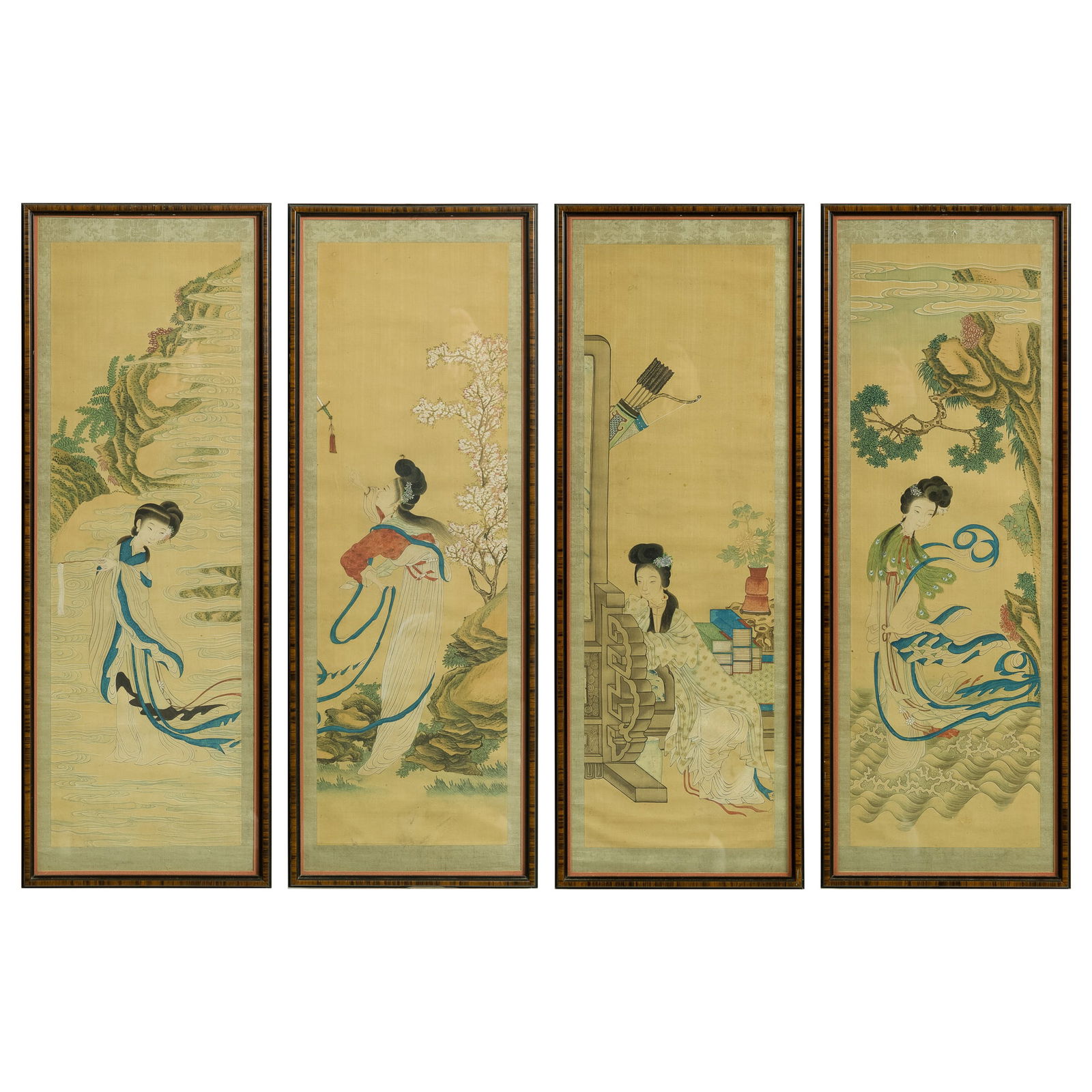 A set of four Chinese 'court lady' paintings on silk, Qing dynasty (1 of 8)