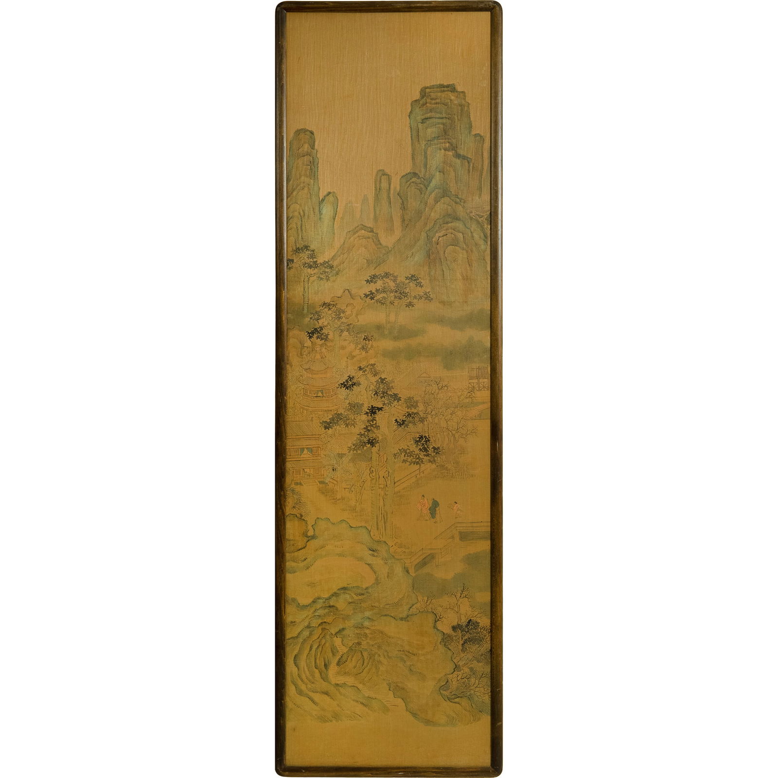 A Chinese landscape painting on silk, Qing dynasty: A Chinese landscape painting on silkQing dynastyframed.Sight dimensions: H: 65 3/8, W: 17 1/2 in. (H: 166.1, W: 44.5 cm.)Overall dimensions: H: 67 3/8, W: 19 1/2 in. (H: 171.1, W: 49.5 cm.)From Dr.