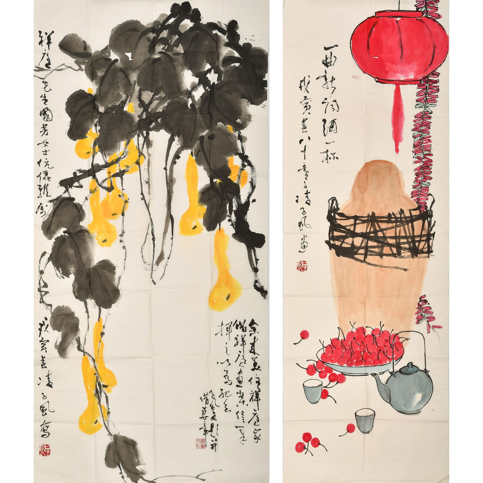 Two Chinese paintings, by Ling Zifeng (1917-1999): Two Chinese paintings by Ling Zifeng (1917-1999) One featuring gourds growing along a vine with inscription, signature, and two seals; the other depicting a tea service with cherries and a red lantern