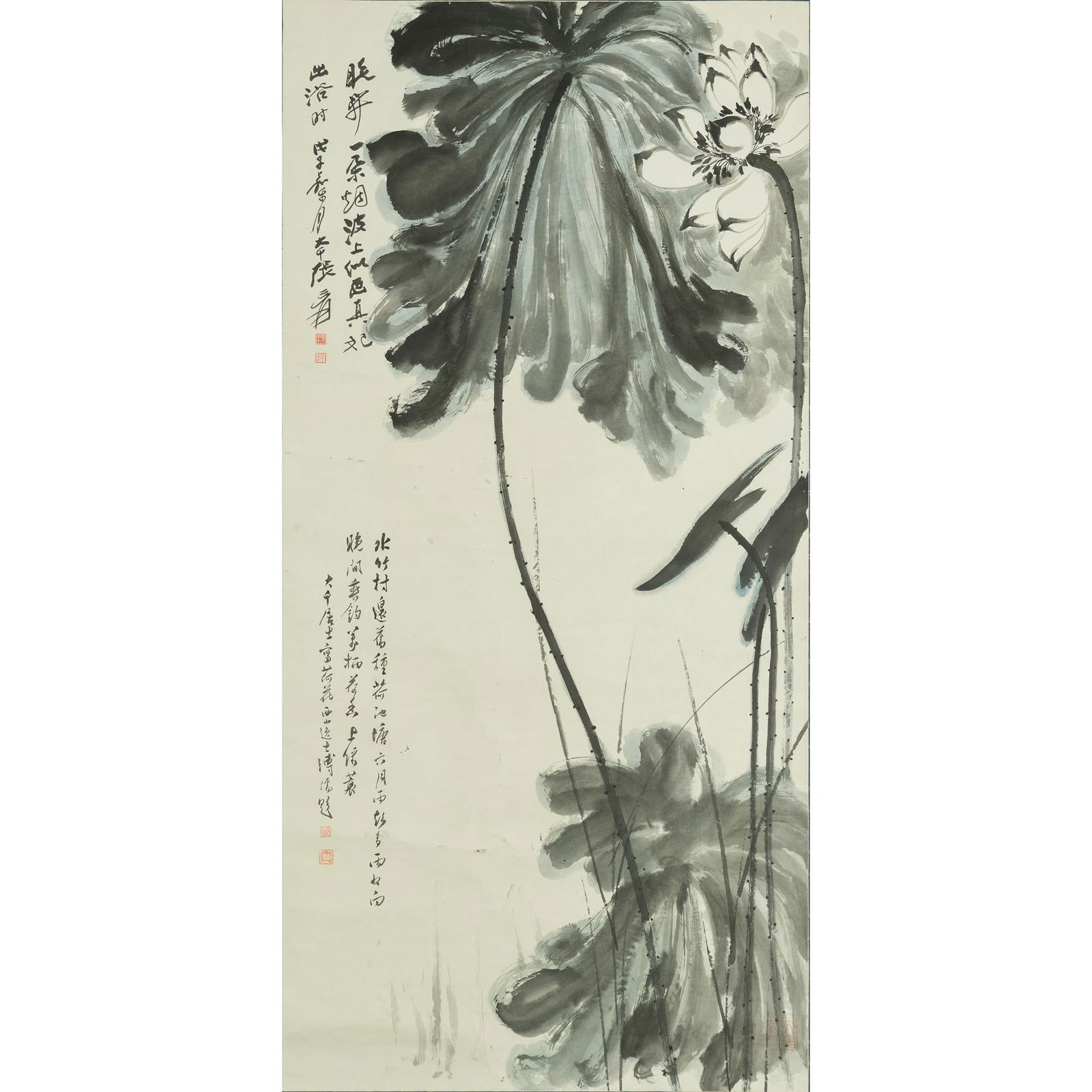 A Chinese ink painting of lotus, by Zhang Daqian (1899-1983), colophon by Pu Ru (1896-1963) (1 of 8)