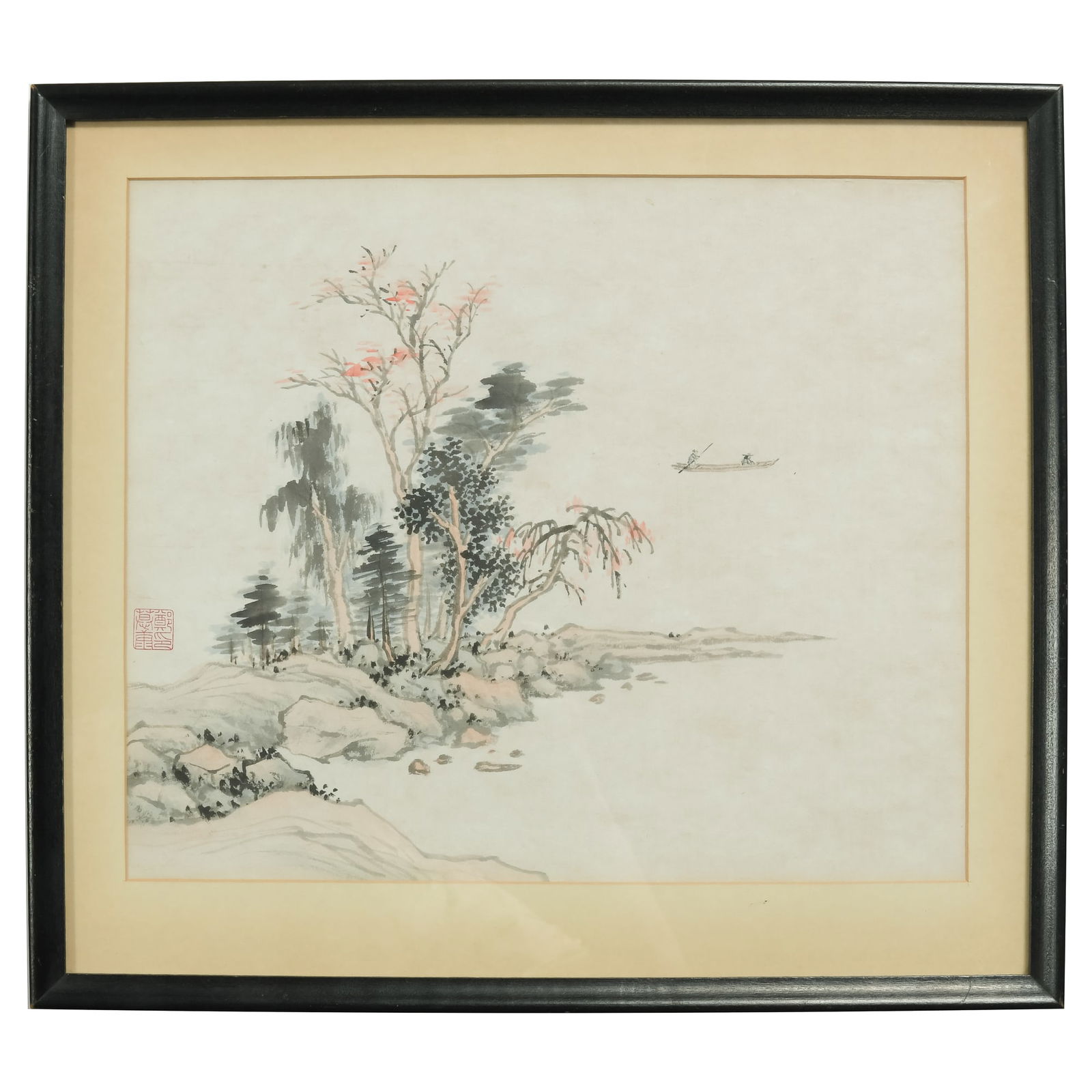 A Chinese landscape painting, by Zheng Mukang (1901-1982): A Chinese landscape painting by Zheng Mukang (1901-1982) It features two men in a boat on a river with trees; it has one seal and is matted and framed. Sight dimensions: H: 9 3/4, W: 11 1/2 in. (H: 24
