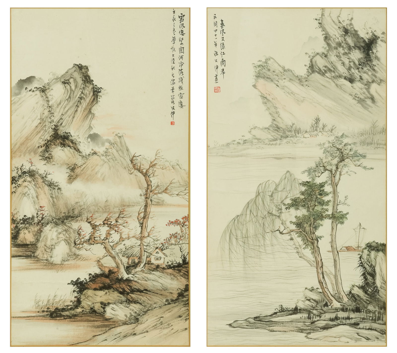 A pair of Chinese landscape paintings, by Wang Wenzhong: A pair of Chinese landscape paintings by Wang Wenzhong One painting features a house, and the other depicts a boat. Each painting has an inscription and one seal, and both are matted and framed. (2).