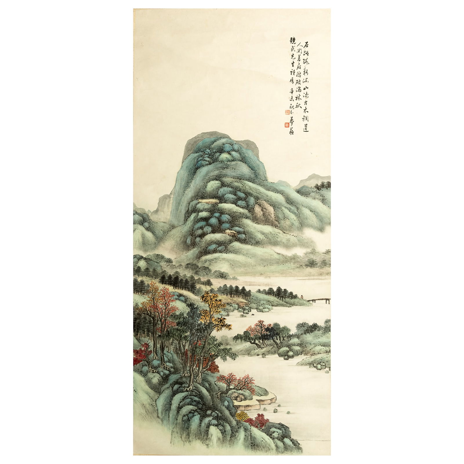 A Chinese landscape painting, by Zhao Mengsu (1868-1938): A Chinese landscape painting by Zhao Mengsu (1868-1938) With signature, inscription, and two seals. Sight dimensions: H: 50 1/2, W: 23 3/4 in. (H: 128.3, W: 60.3 cm.) Mrs. Chang, Los Angeles, Californ