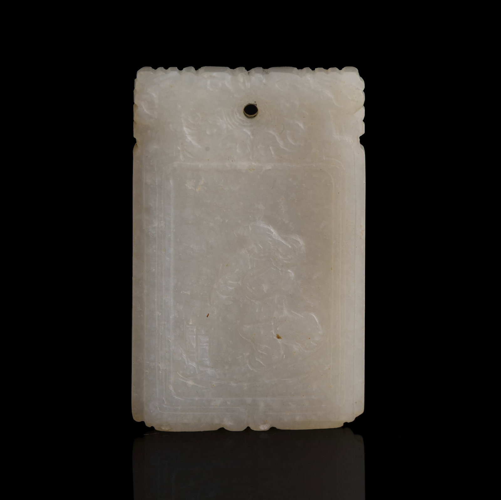 A Chinese carved jade 'boy' and 'inscription' plaque, 19th century: A Chinese carved jade 'boy' and 'inscription' plaque 19th century H: 1 7/8, W: 1 1/8, D: 3/16 in. (H: 4.8, W: 2.9, D: 0.5 cm.) Private collection, Florida.