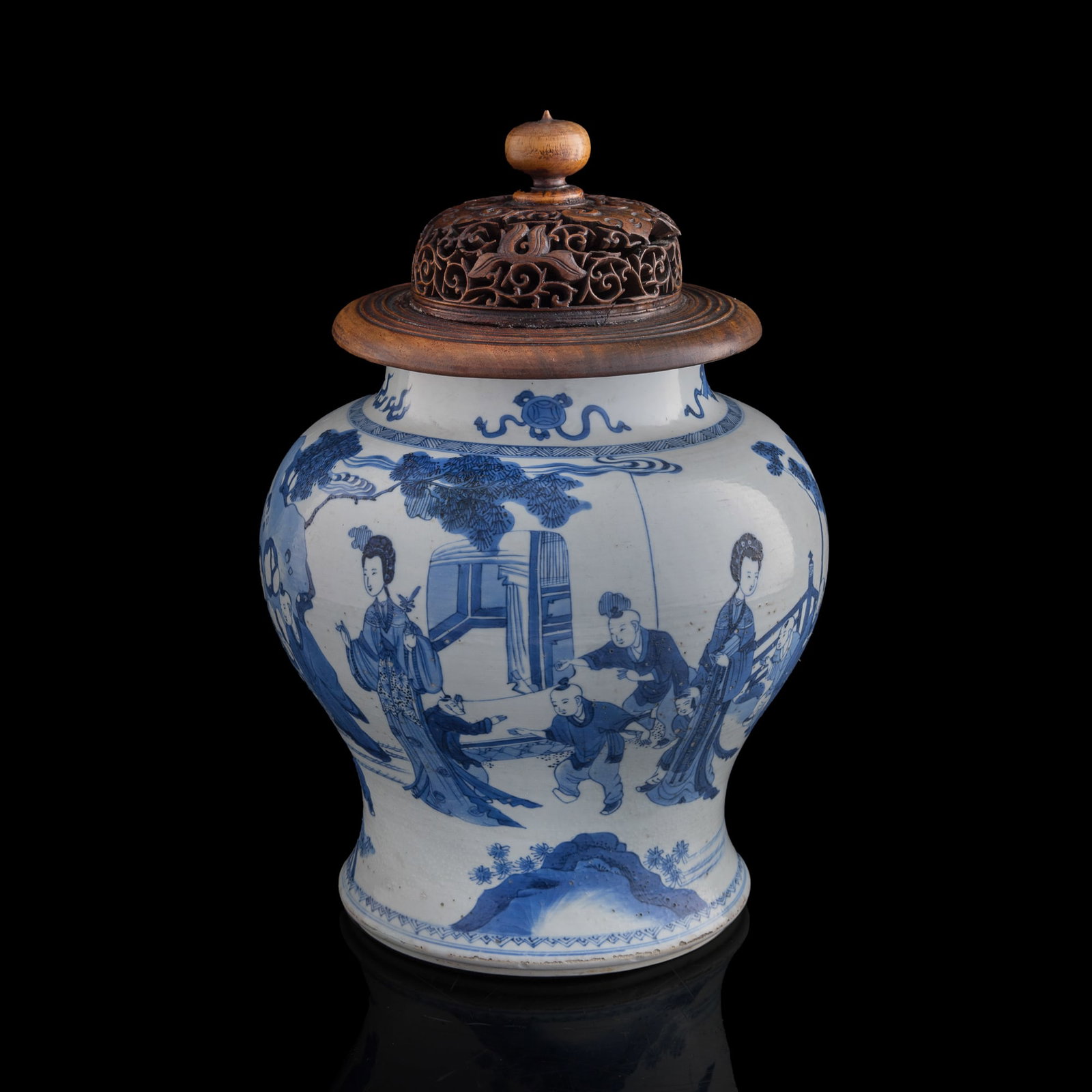 A Chinese blue and white 'Sanniang Teaching Her Son' narrative jar, Kangxi period, Qing dynasty (1 of 10)