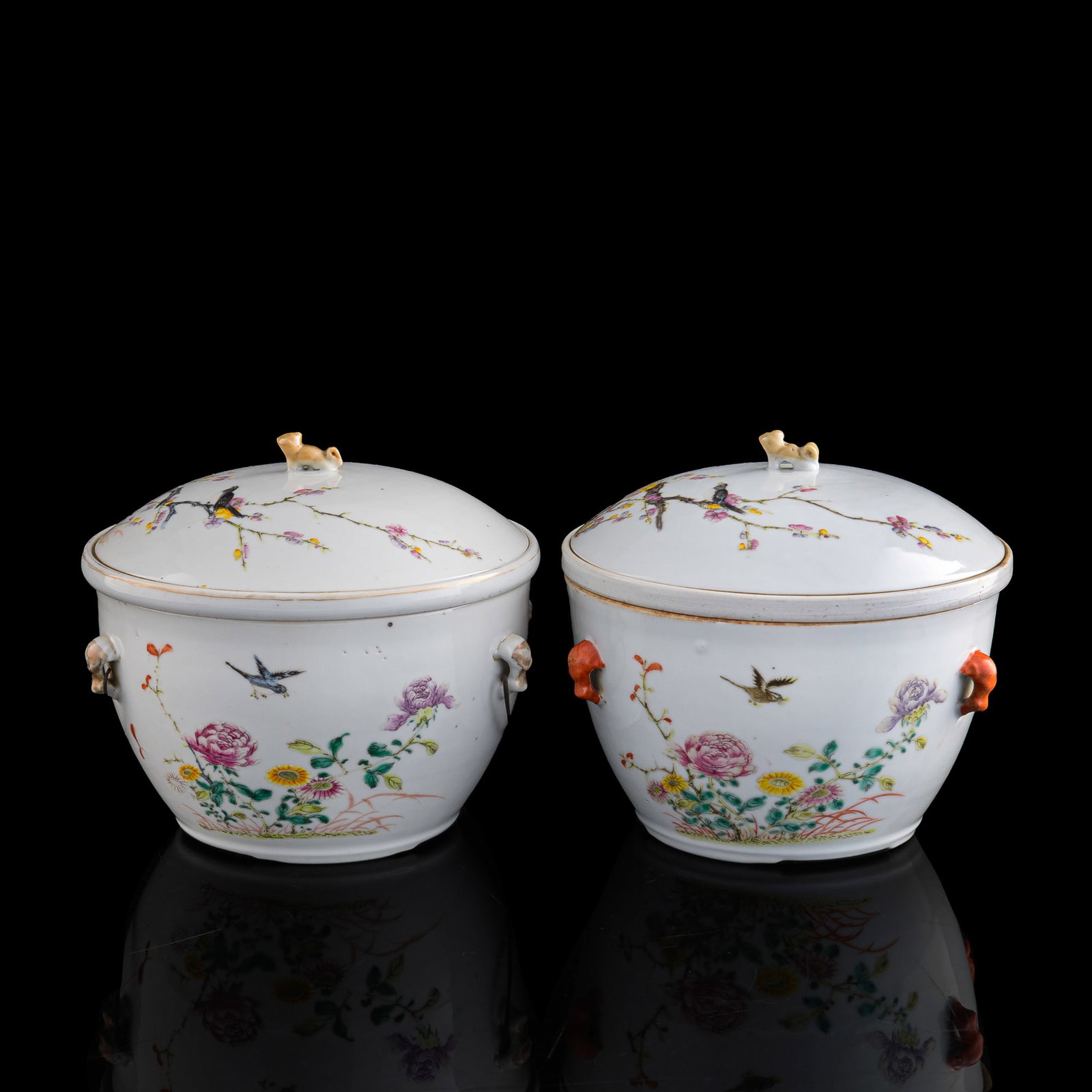 A near pair of Chinese famille rose food warmers, Republic period: A near pair of Chinese famille rose food warmers Republic period Each decorated with birds sitting atop flowers and four-character mark to underside of interior warming bowl. (2). H: 6 5/8, Dia: 7 1/8