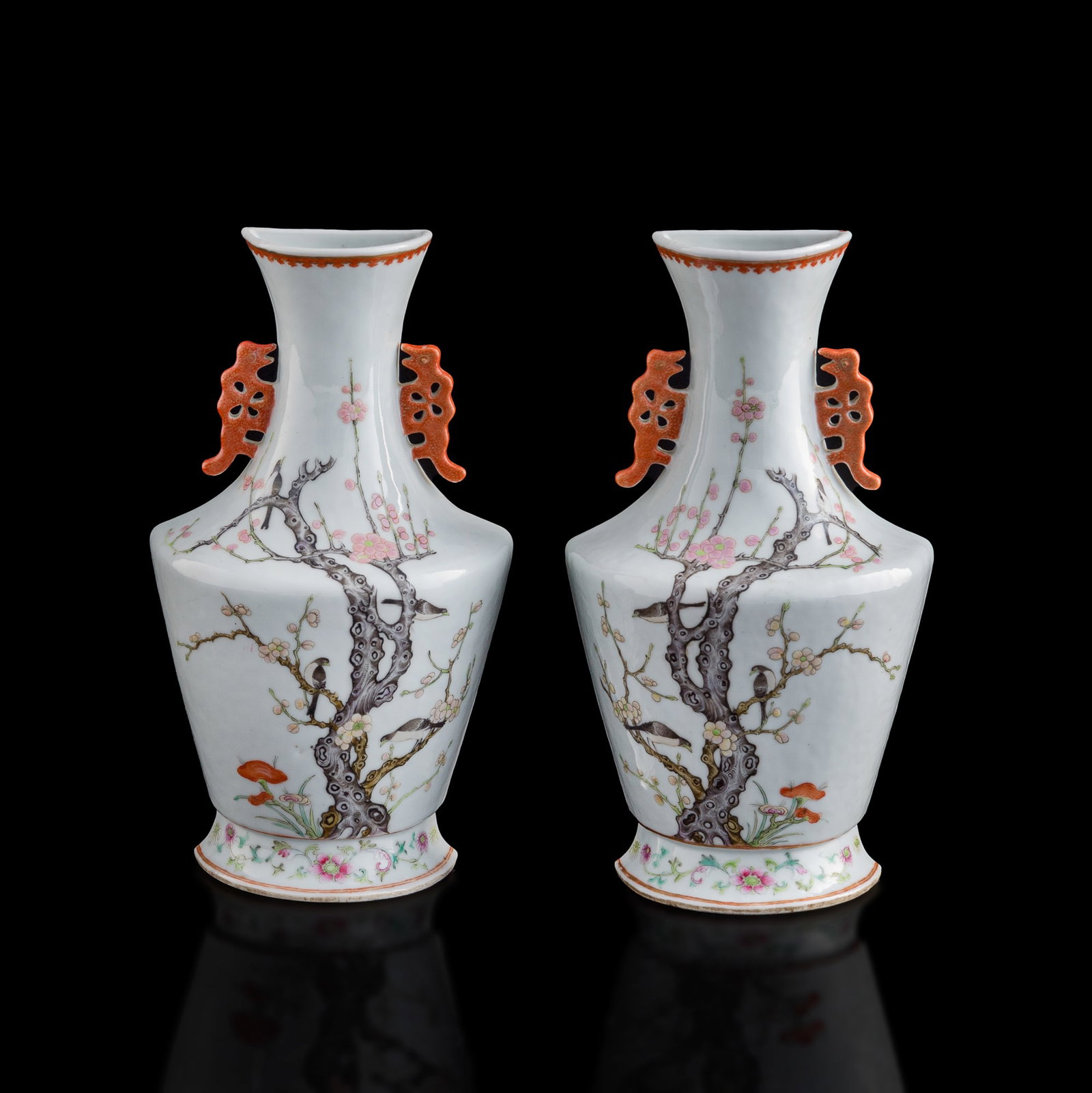A pair of Chinese famille rose wall vases, Republic period: A pair of Chinese famille rose wall vases Republic period Both decorated with 'magpie on plum blossom' motif and with six-character mark to undersides. (2). H: 9 1/8, W: 5 1/8, D: 2 1/2 in. (H: 23.2, 