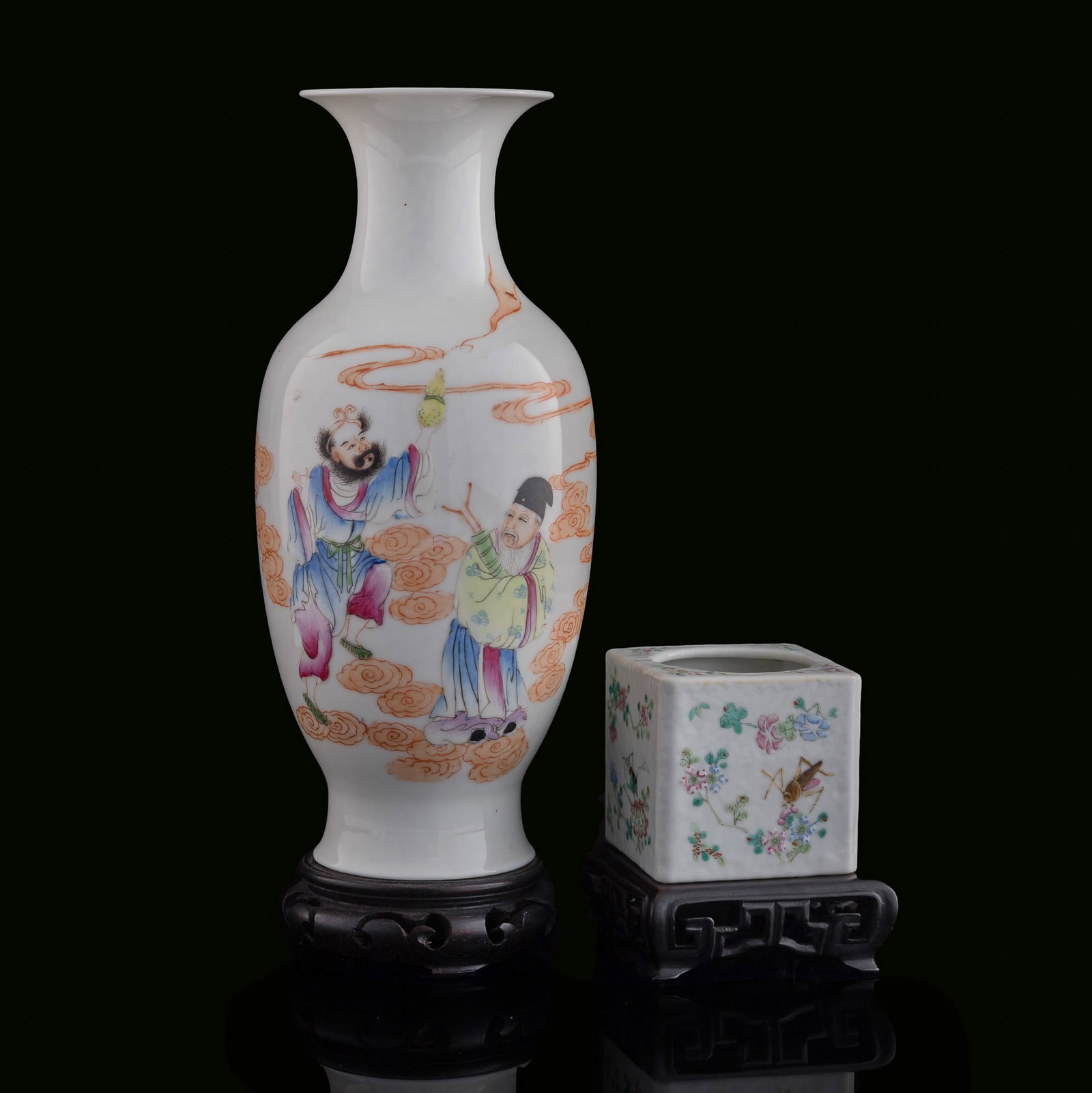 A Chinese famille rose Guanyin vase and a water coupe, Qing dynasty/Republic period: A Chinese famille rose Guanyin vase and a water coupe Qing dynasty/Republic period Vase with a four-character mark and a "CHINA" mark to underside; water coupe with a six-character mark to underside. 