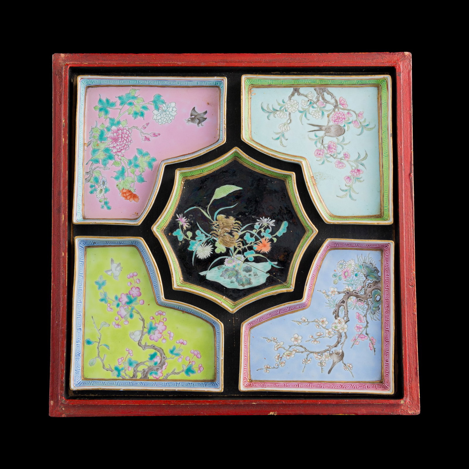 A set of five Chinese famille rose compartmental dishes, 19th century: A set of five Chinese famille rose compartmental dishes 19th century Sold with original lacquer box. (5). H: 3/4, W: 5 1/2, D: 5 1/2 in. (H: 1.9, W: 14, D: 14 cm. (dish, largest)) Box dimensions: H: 3