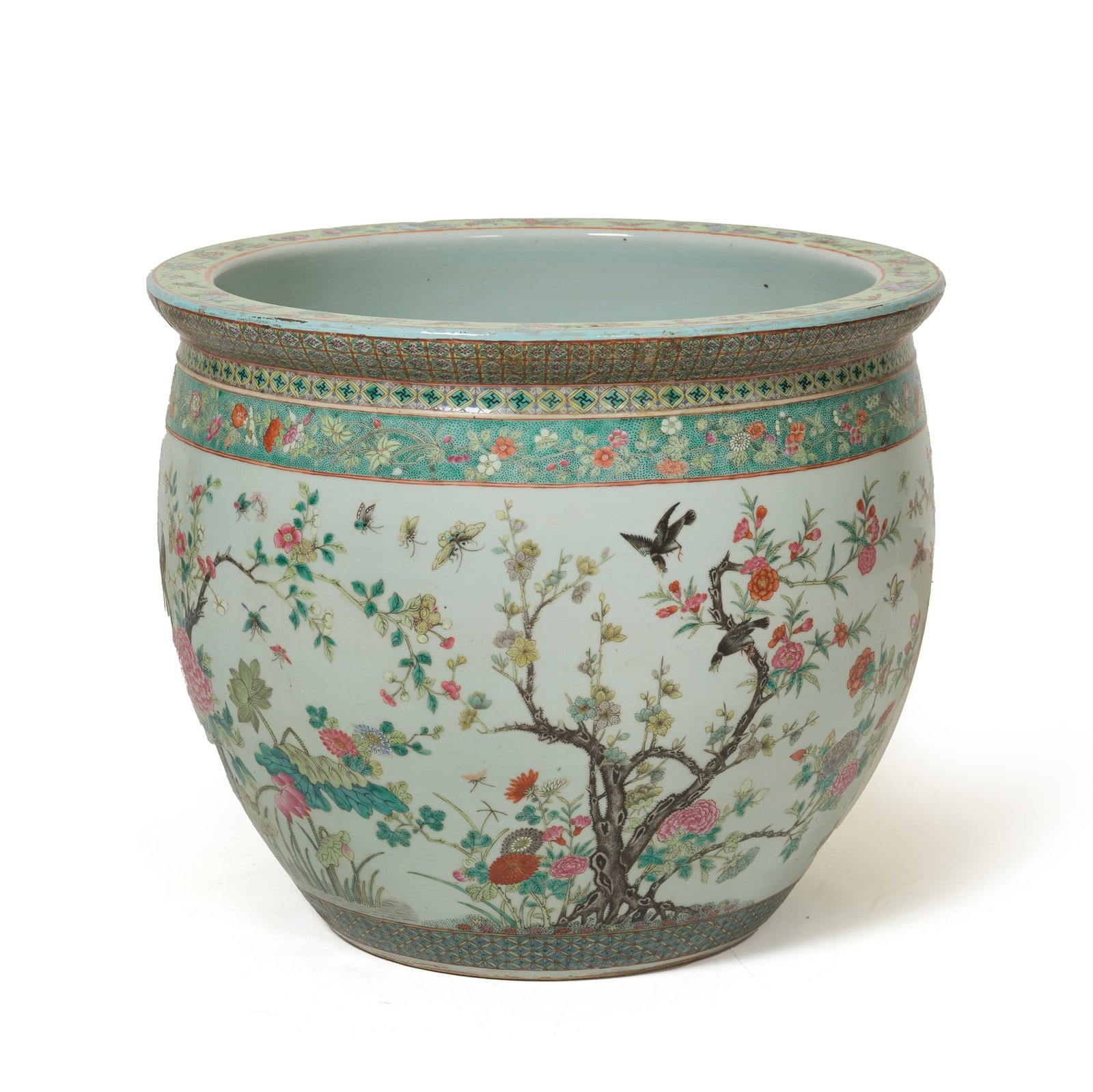 A large Chinese famille rose 'flower and bird' jar, 19th century: A large Chinese famille rose 'flower and bird' jar 19th century H: 18 1/2, Dia: 21 5/8 in. (H: 47, Dia: 54.9 cm.) Private collection, Flushing, New York.