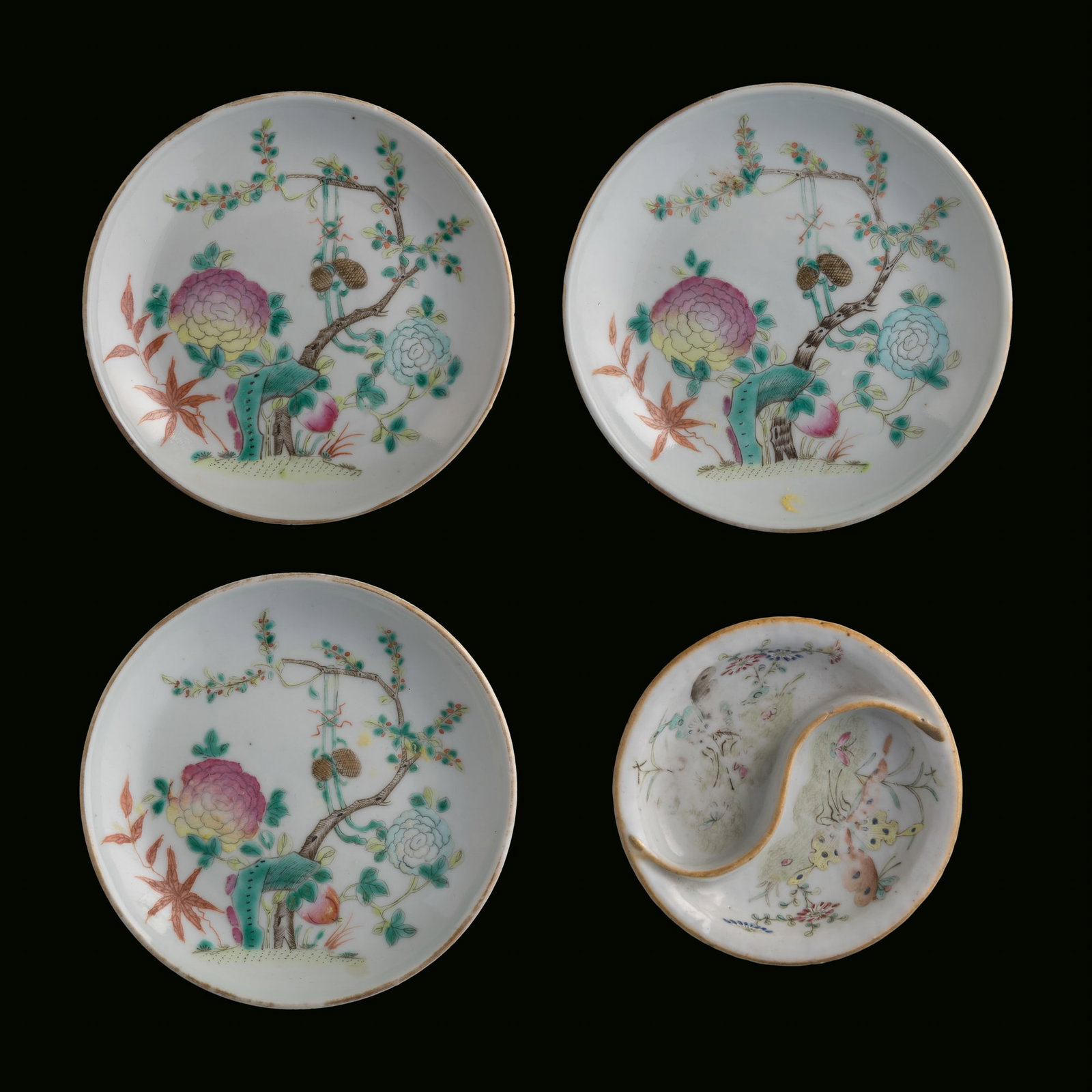 Three Chinese famille rose dishes and a sectional dish, 19th century: Three Chinese famille rose dishes and a sectional dish 19th century Each with four-character mark to underside. (4). H: 7/8, Dia: 5 1/4 in. (H: 2.2, Dia: 13.3 cm. (largest, each)) Private collection, 