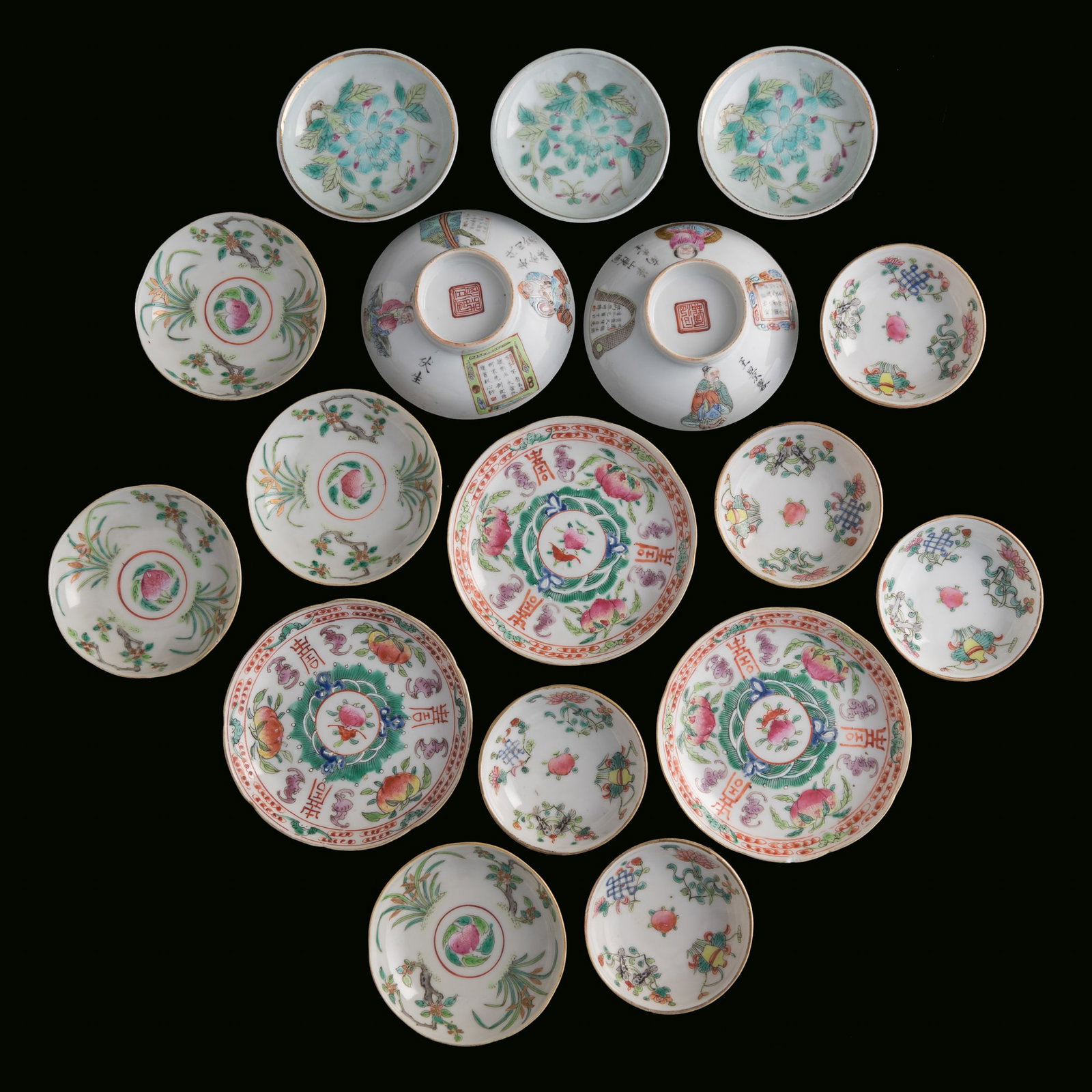 Seventeen assorted Chinese famille rose items, Qing dynasty: Seventeen assorted Chinese famille rose items Qing dynasty Comprising two 'Wu Shuang Pu' lids each with four-character mark to knop, three 'shou' dishes each with 'fu shou' motif to underside, and twe