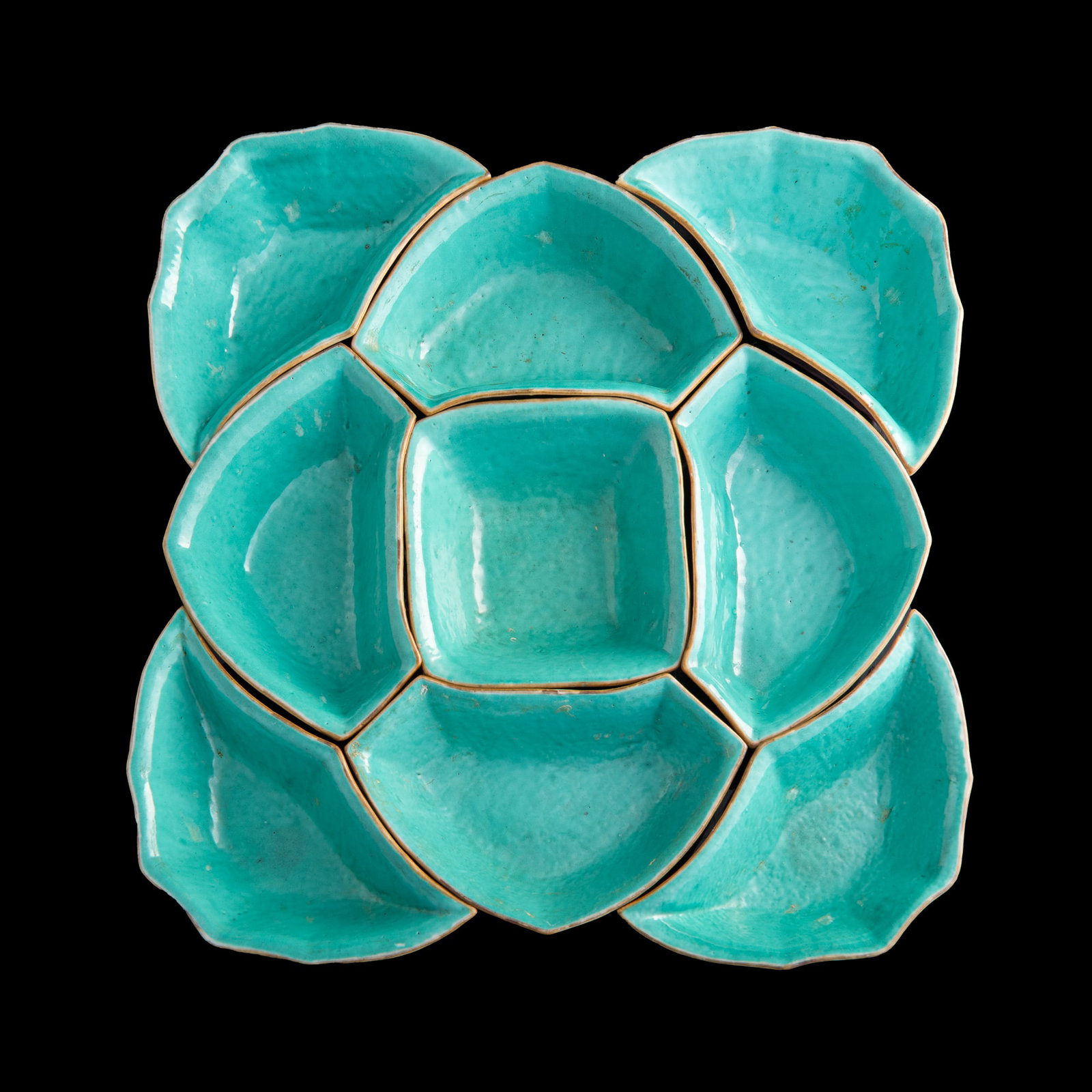 A set of nine Chinese famille rose compartmental dishes, late 19th century: A set of nine Chinese famille rose compartmental dishes late 19th century H: 1 7/8, W: 7 7/8, D: 4 1/4 in. (H: 4.8, W: 20, D: 10.8 cm.) Private collection, Rowland Heights, California. From Mr. Wong, 