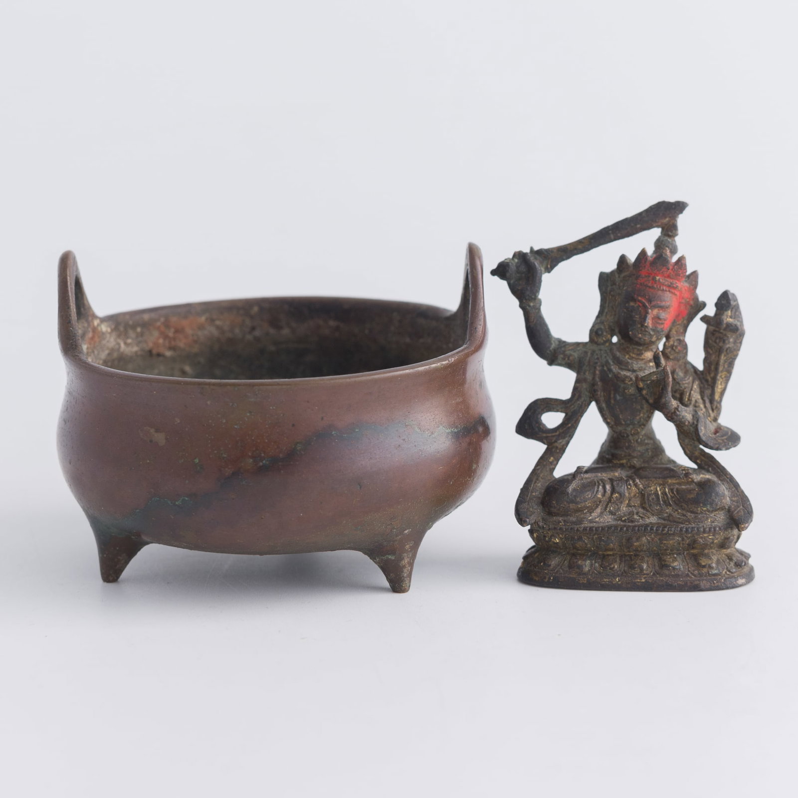 A Chinese bronze bodhisattva and a bronze censer, Qing dynasty (1 of 10)