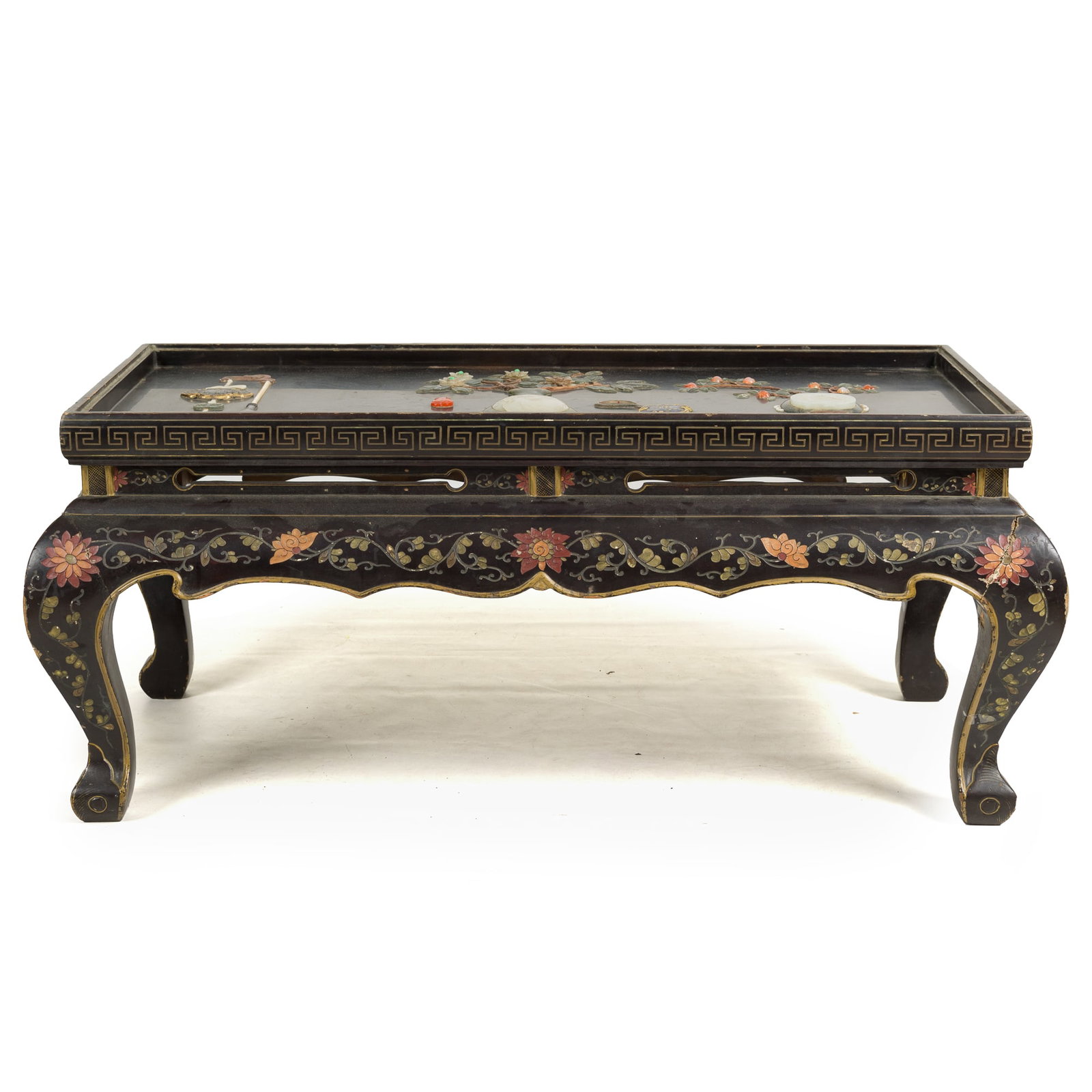 A Chinese lacquered screen with inlaid stones, Republic period or earlier: A Chinese lacquered screen with inlaid stones Republic period or earlier The screen is decorated with a hanging ruyi and ribboned ornaments to one side, flanking two vases respectively filled with flo