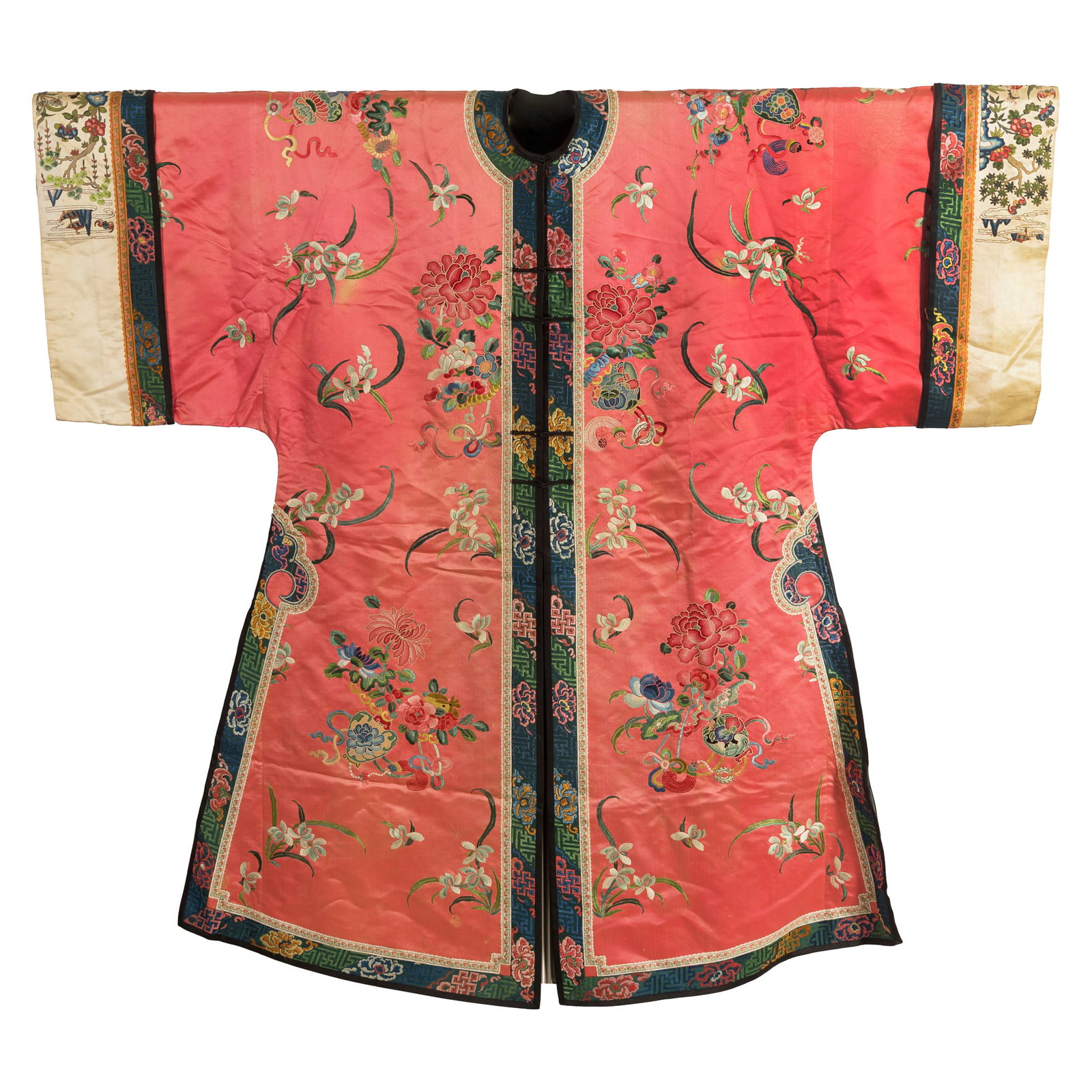 A Chinese orange red-ground satin 'floral' lady's robe, 19th century: A Chinese orange red-ground satin 'floral' lady's robe 19th century H: 45 1/2, W: 49 in. (H: 115.6, W: 124.5 cm.) From Mrs. Curren in Ventura, California, acquired by her grandmother.