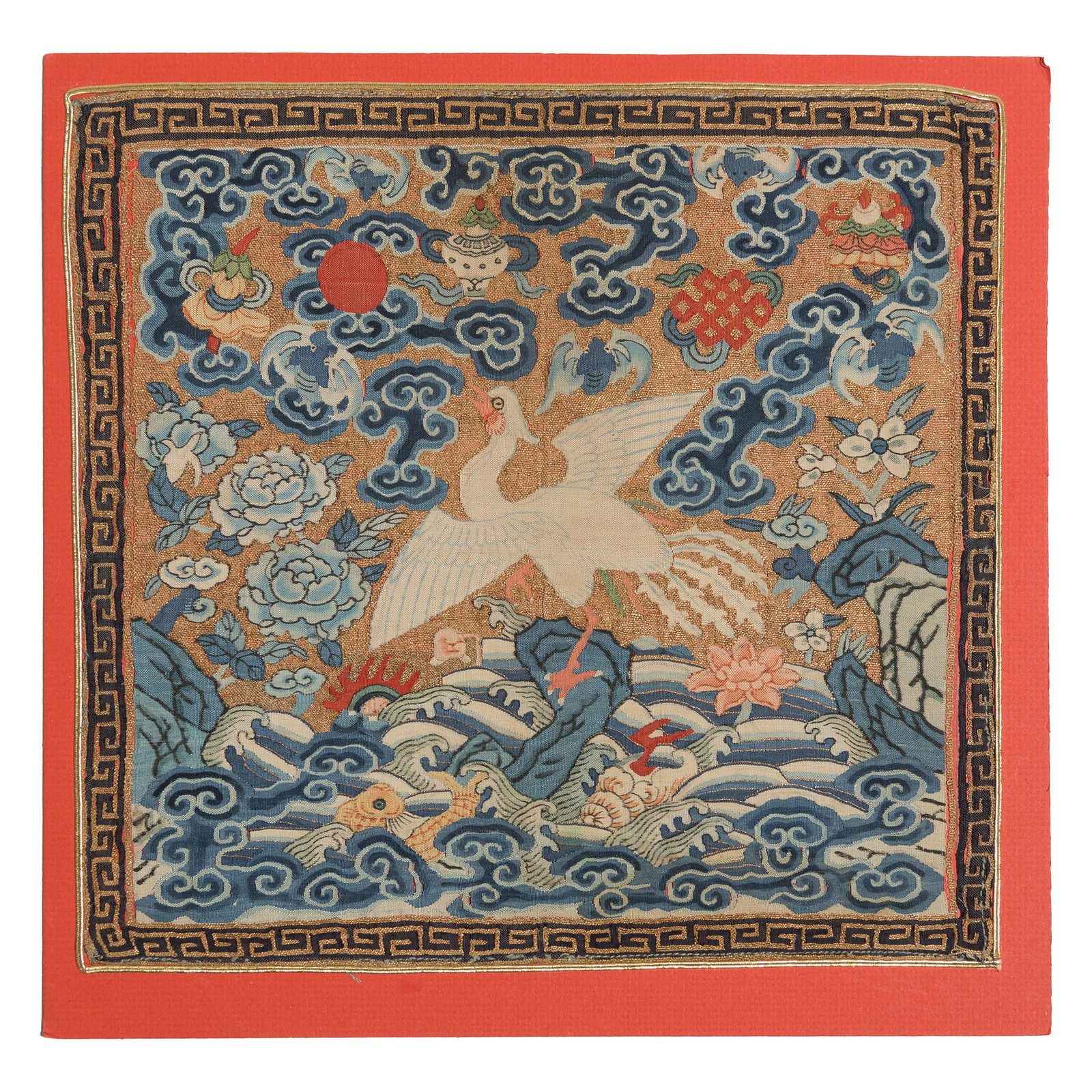 A Chinese kesi rank badge, 18th century: A Chinese kesi rank badge 18th century Mounted on cardboard backing. H: 12 1/8, W: 13 in. (H: 30.8, W: 33 cm.) From Mr. Lee in New York City, New York.