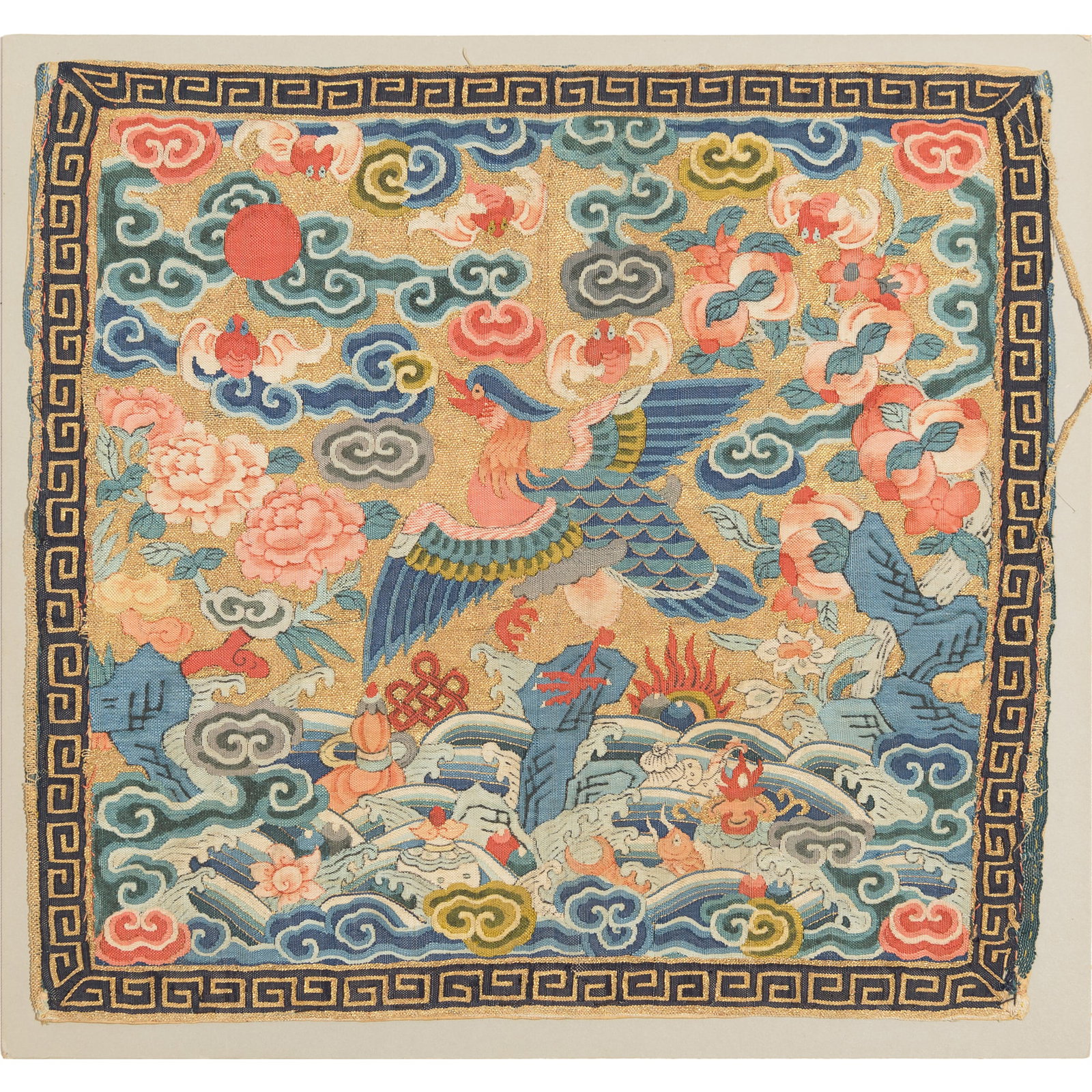 A Chinese kesi rank badge, 18th century: A Chinese kesi rank badge 18th century Mounted on cardboard backing. H: 11 1/2, W: 12 3/8 in. (H: 29.2, W: 31.4 cm.) From Mr. Lee in New York City, New York.