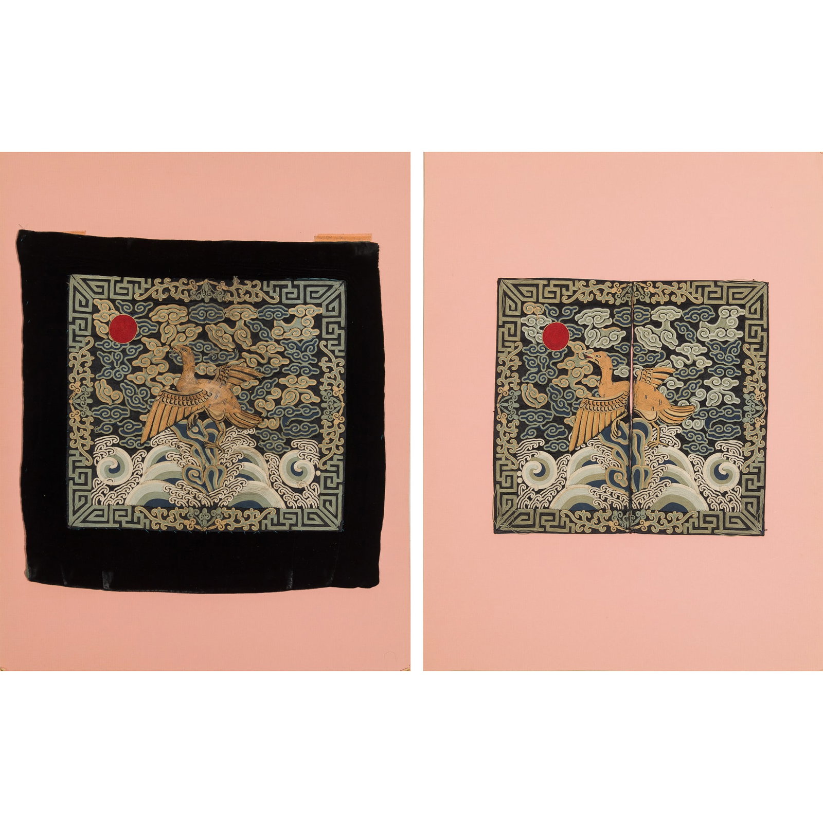 A pair of Chinese seed stitch-embroidered rank badges, 19th century: A pair of Chinese seed stitch-embroidered rank badges 19th century Mounted on cardboard backings. (2). H: 8 3/4, W: 9 5/8 in. (H: 22.2, W: 24.4 cm. (largest)) From Mr. Lee in New York City, New York.