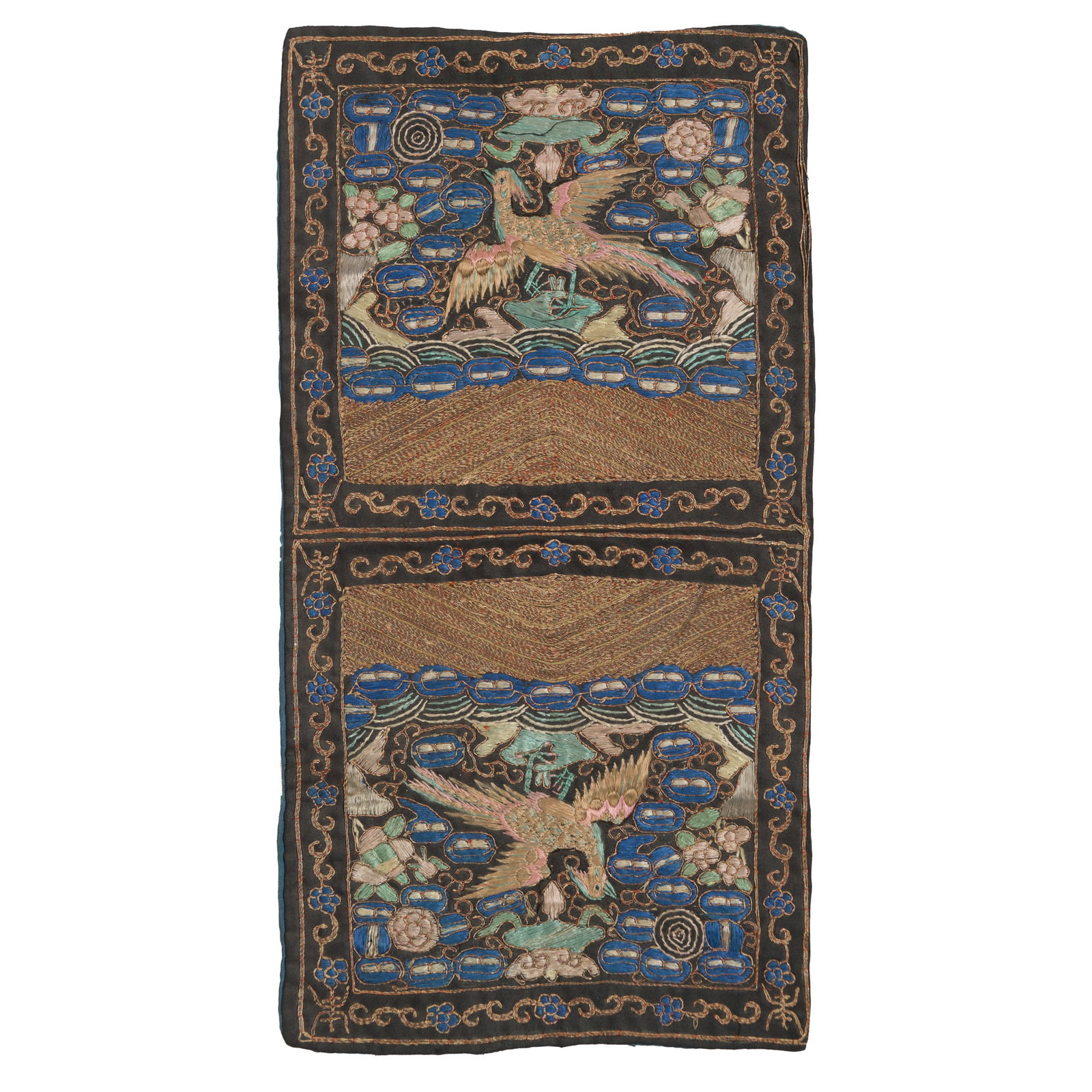 A pair of Chinese gold-thread embroidered rank badges, 19th century: A pair of Chinese gold-thread embroidered rank badges 19th century H: 16 1/4, W: 8 1/2 in. (H: 41.3, W: 21.6 cm.) From Mr. Kaufman in Arlington, Virginia; a family heirloom.