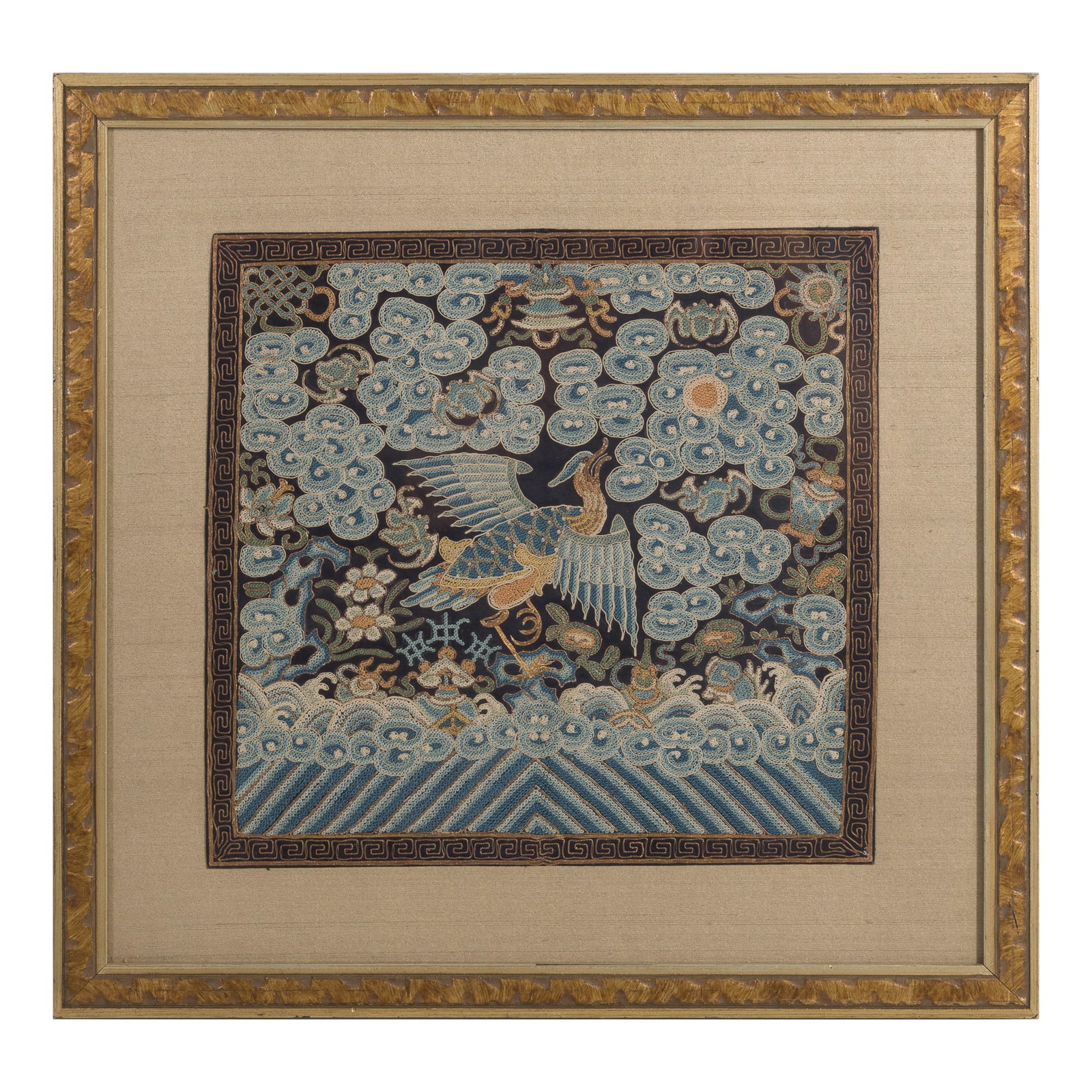 A Chinese seed-stitch-embroidered civil rank badge, 19th century: A Chinese seed-stitch-embroidered civil rank badge 19th century framed. Sight dimensions: H: 11 1/2, W: 11 7/8 in. (H: 29.2, W: 30.2 cm.) Overall dimensions: H: 17 1/4, W: 17 5/8 in. (H: 43.8, W: 44.8