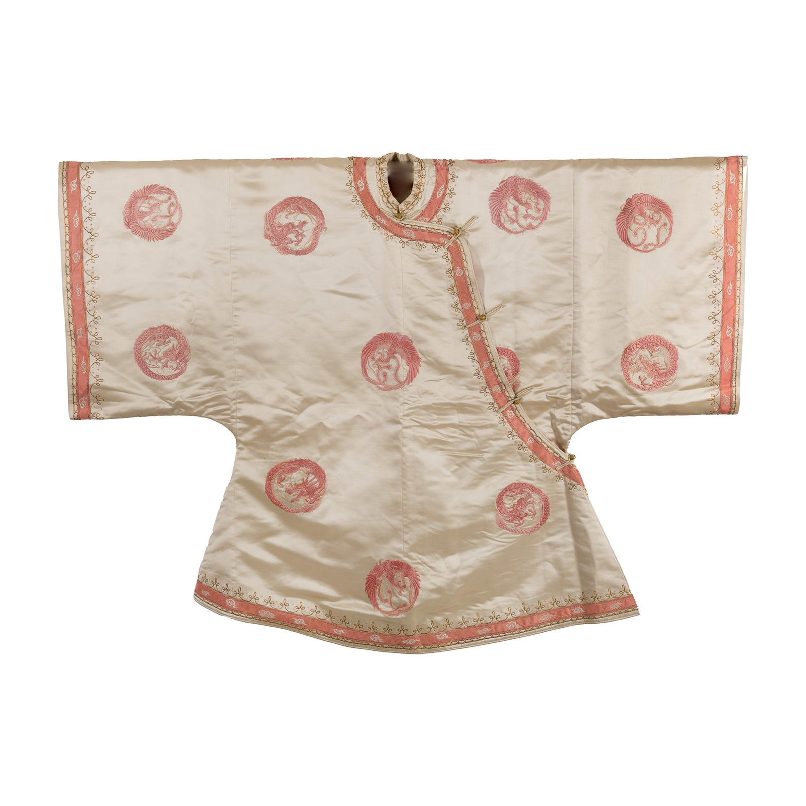A Chinese white-ground 'dragon and phoenix' lady's coat, 19th century: A Chinese white-ground 'dragon and phoenix' lady's coat 19th century H: 38 1/2, W: 52 1/2 in. (H: 97.8, W: 133.4 cm.) From Mr. Kaufman in Arlington, Virginia; a family heirloom.
