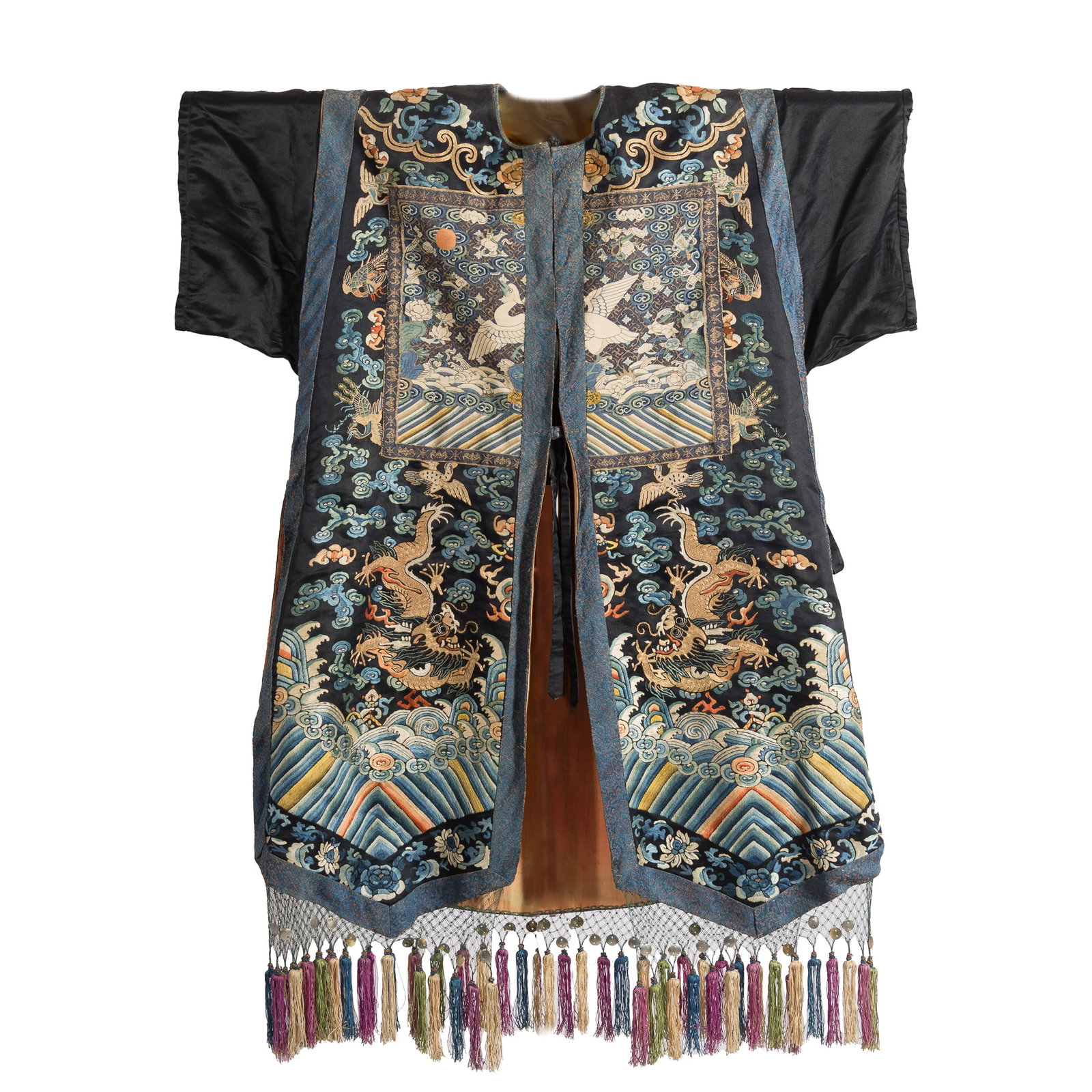 A Chinese dark blue satin gold-thread embroidered 'dragon' xiapei, 19th century (1 of 8)