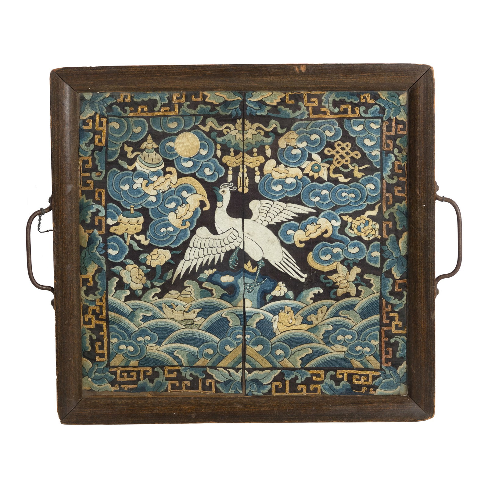 A Chinese rank badge, 19th century: A Chinese rank badge 19th century framed. Sight dimensions: H: 11 3/4, W: 12 1/4 in. Overall dimensions: H: 13 3/4, W: 16 1/4 in. Private collection, San Francisco, California.