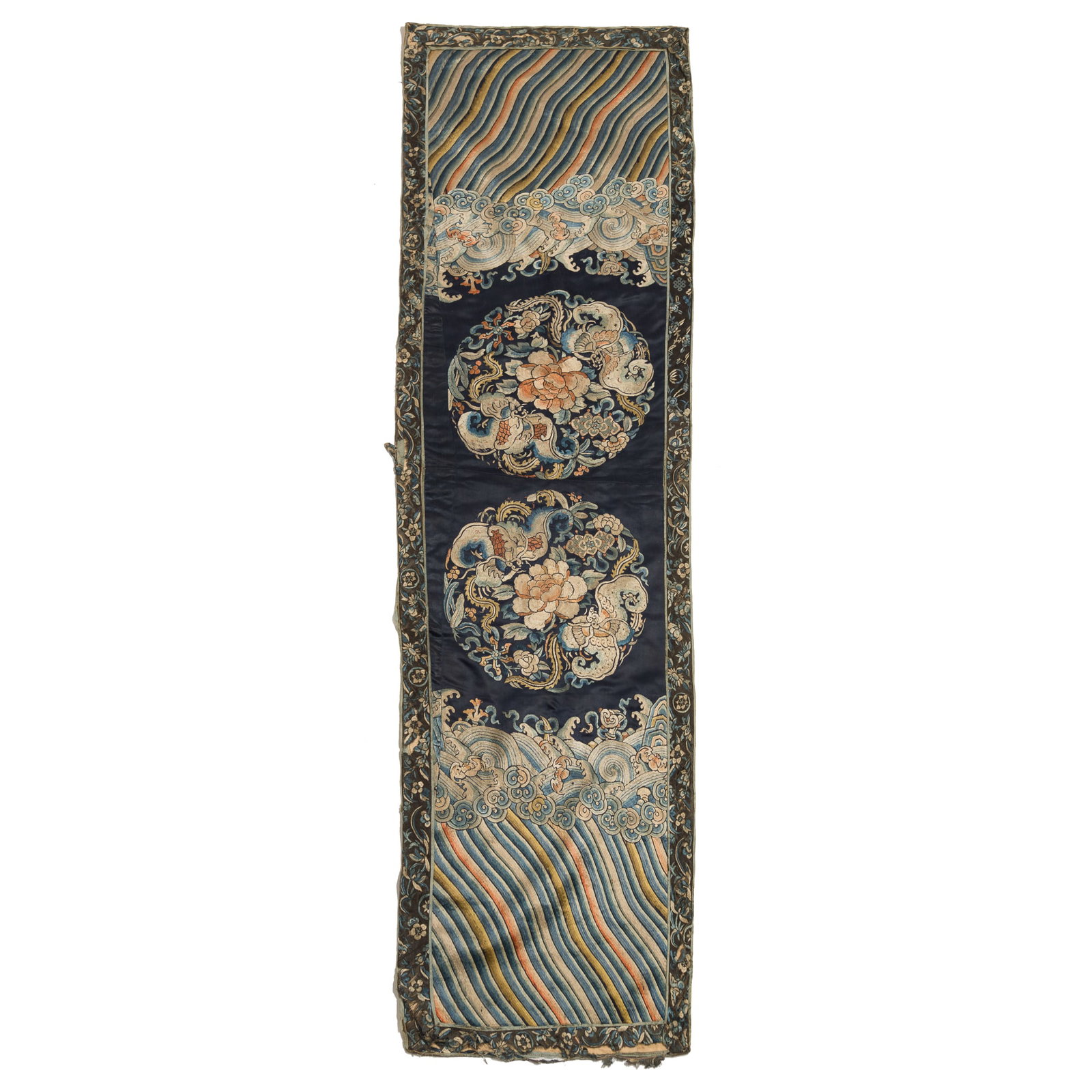 A Chinese dark blue-ground 'floral medallion' embroidery, 19th century: A Chinese dark blue-ground 'floral medallion' embroidery 19th century H: 60 1/4, W: 16 1/2 in. (H: 153, W: 41.9 cm.) Private collection, San Francisco, California.