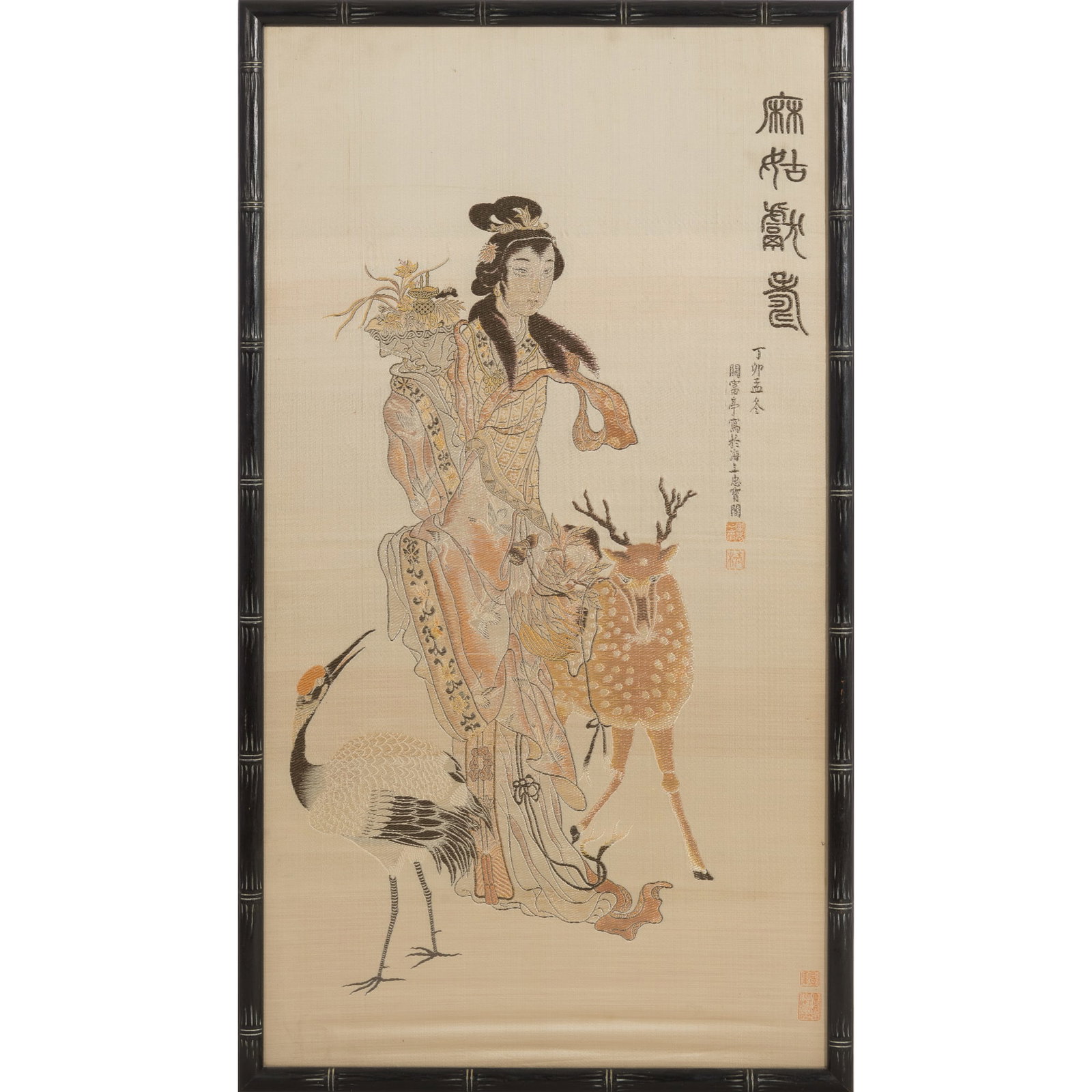 A Chinese 'Magu' embroidery, Republic period: A Chinese 'Magu' embroidery Republic period framed. Overall dimensions: H: 30, W: 16 3/4 in. (H: 76.2, W: 42.5 cm.) From Mrs. Voigt in Silver Spring, Maryland, inherited from her late father-in-law.