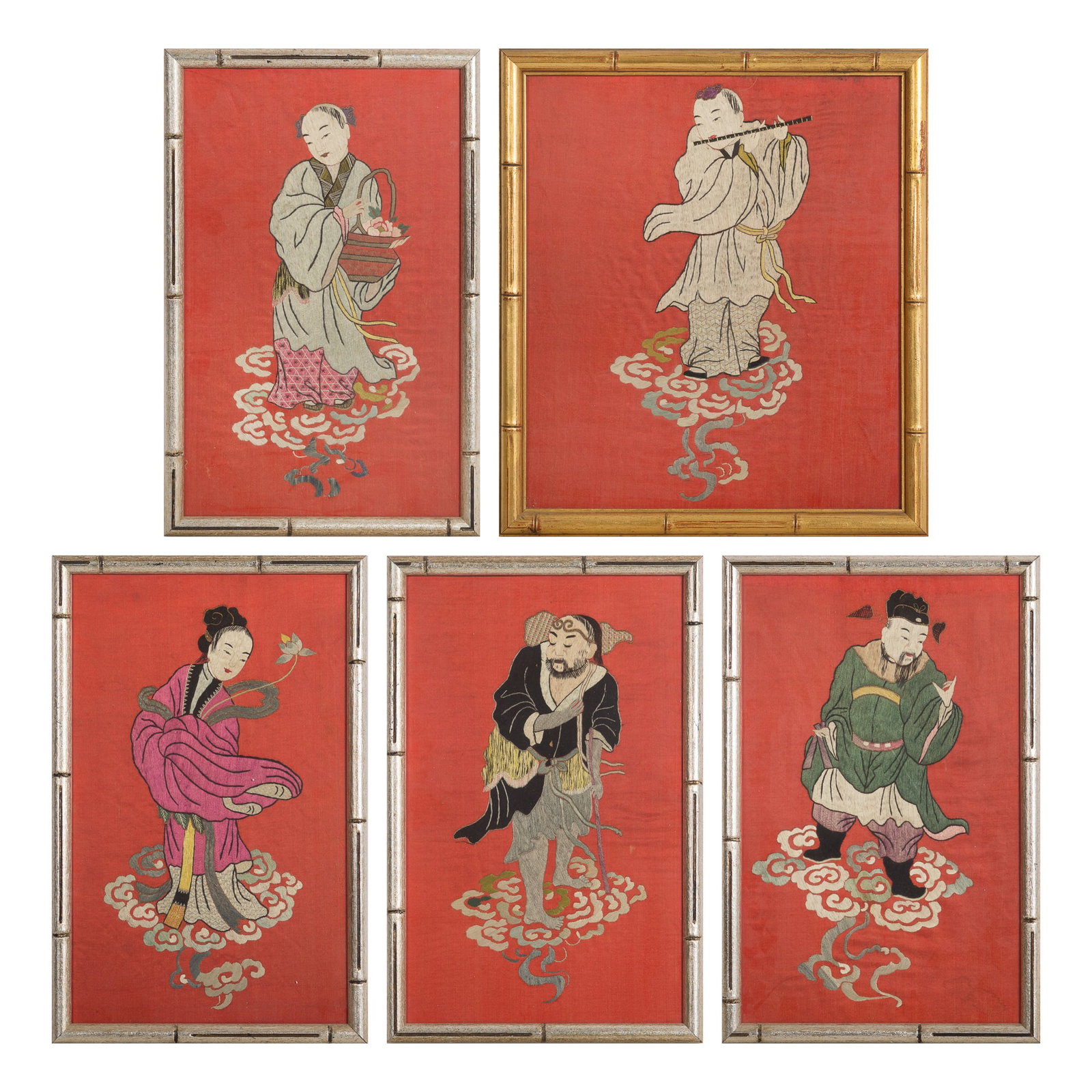 Five Chinese red-ground 'immortals' embroideries, Republic period: Five Chinese red-ground 'immortals' embroideries Republic period framed. (5). Overall dimensions: H: 17 1/2, W: 15 1/2 in. (H: 44.5, W: 39.4 cm. (largest)) Private collection, Flushing, New York.
