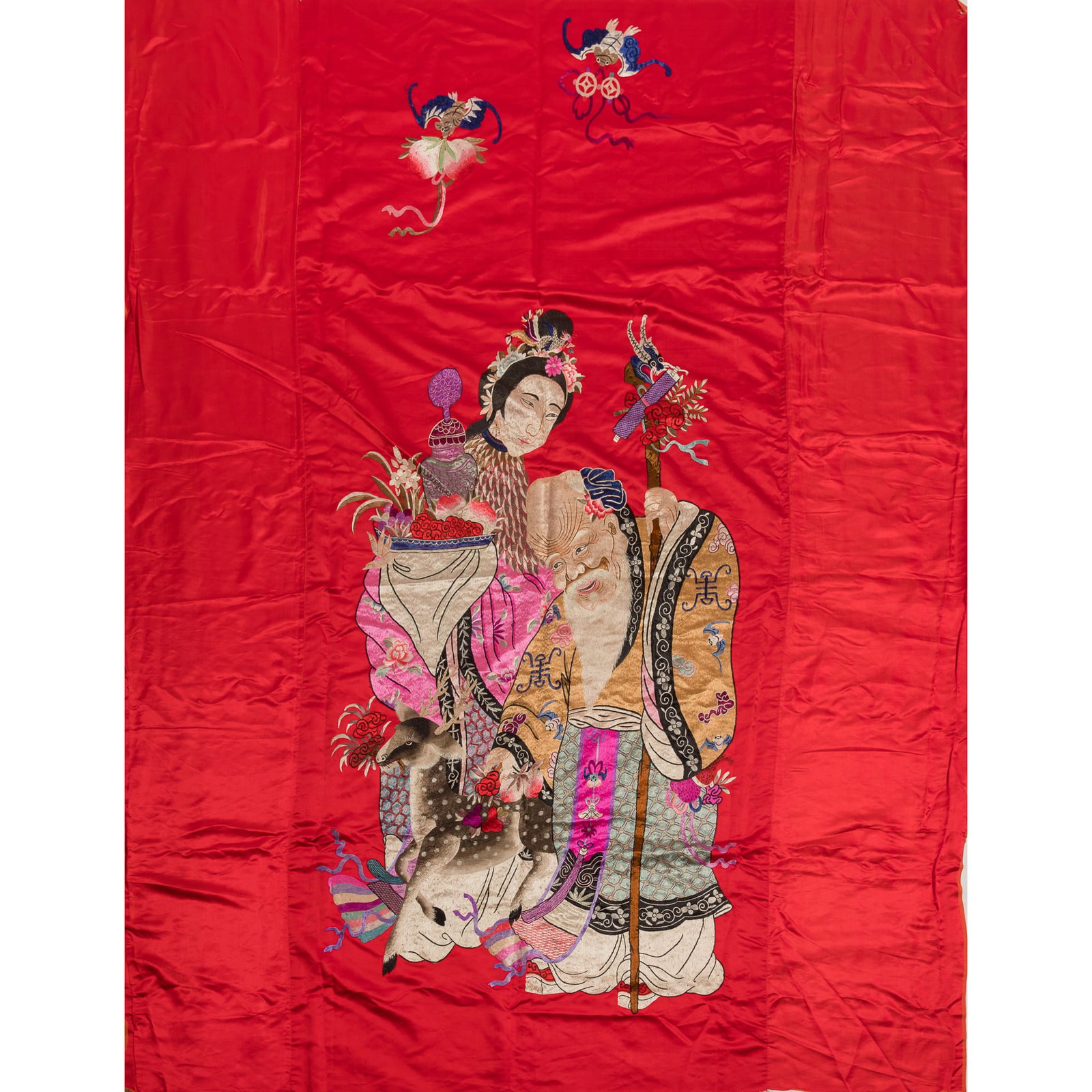 A Chinese red-ground 'Magu and Shou' embroidery, late 19th century: A Chinese red-ground 'Magu and Shou' embroidery late 19th century H: 75 3/4, W: 63 1/4 in. (H: 192.4, W: 160.7 cm.) Private collection, New York City, New York.